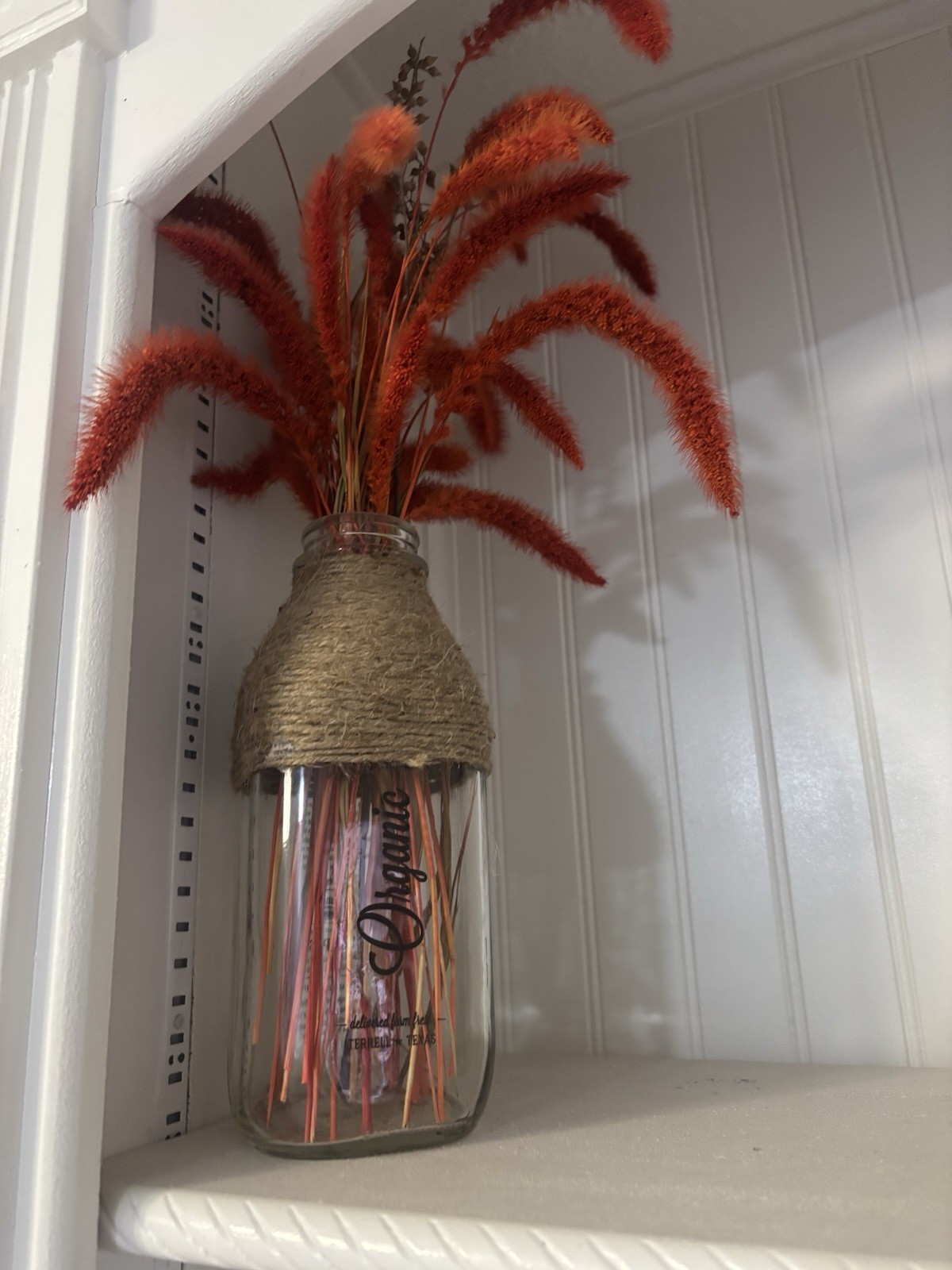 Organic Artificial Orange Grass Arrangement in Rustic Twine Glass Jar