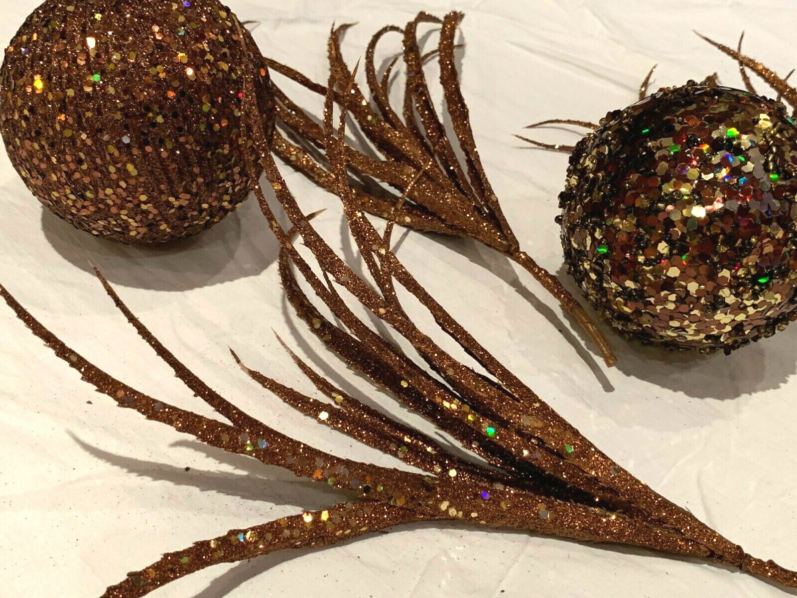 Bronze Gold Swag 2 Orbs 3 Feather Floral Picks Balls Sparkle Holiday Decorating