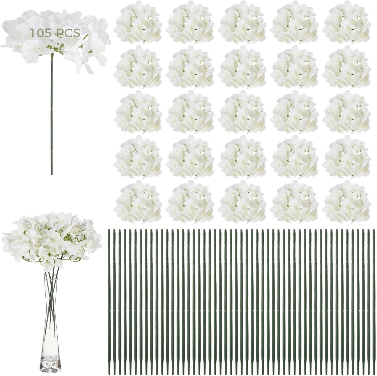 105 PCS Silk White Hydrangea Flowers – Perfect for Weddings & Home Decor