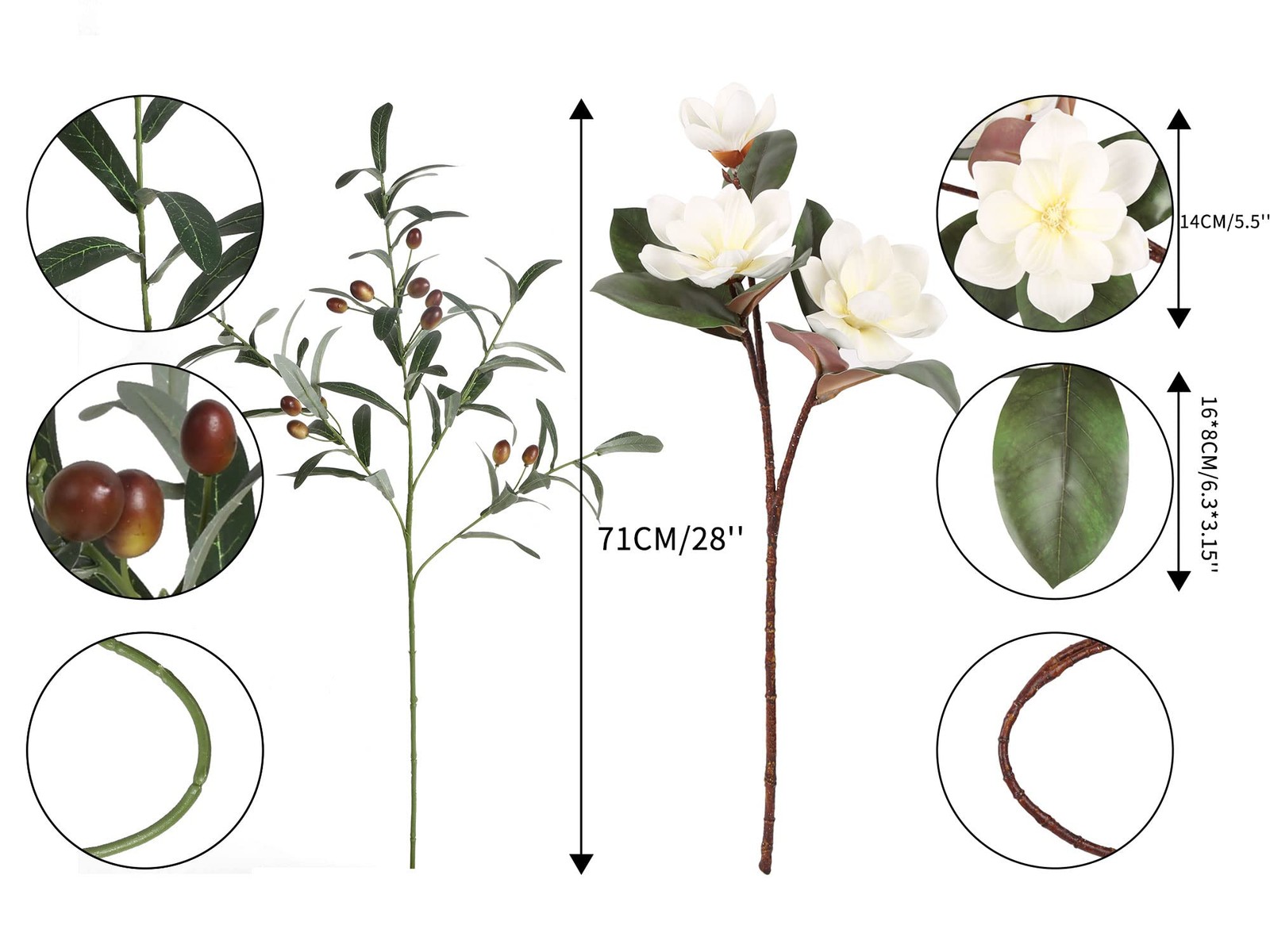 White Silk Magnolia Flowers with Olive Branches for Vases Real Touch White Fl…