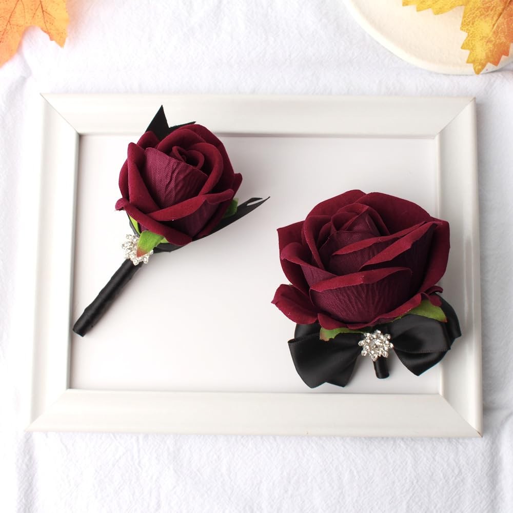 Black Wine Red Rose Wrist Corsage Boutonniere Set Bride Groom Prom 2 PCS
