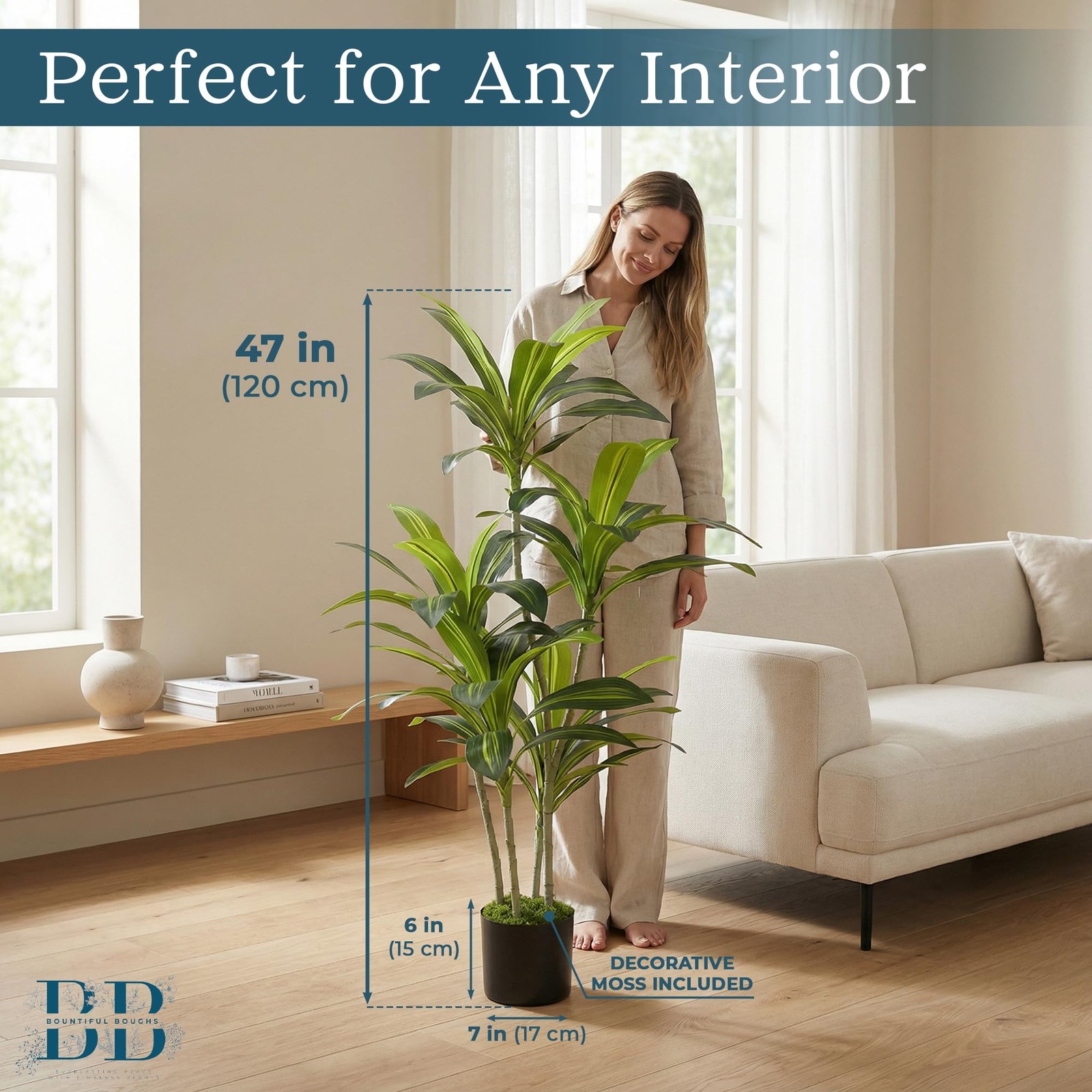 4’ (120 cm) Dracaena Artificial Tree with Small Black Pot & Moss – Lifelike N…