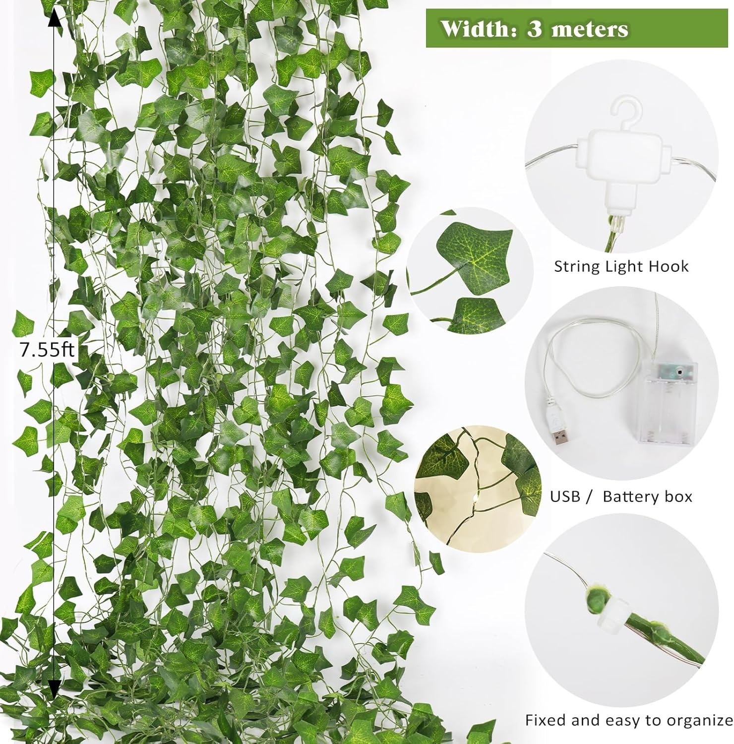10 Hooks LED Light String Garland: 118-Inch Artificial Ivy for Party & Home