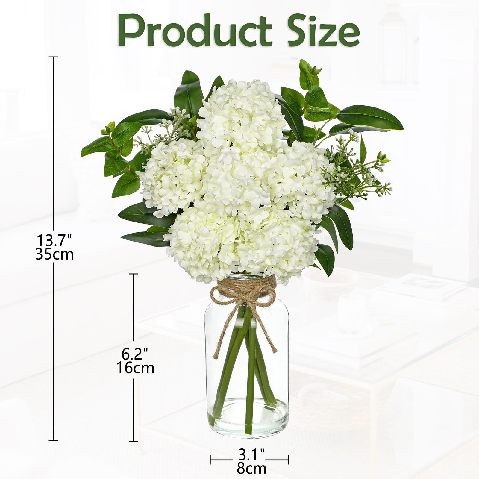 White Hydrangea Artificial Flowers in Clear Glass Vase with Faux Water Silk H…