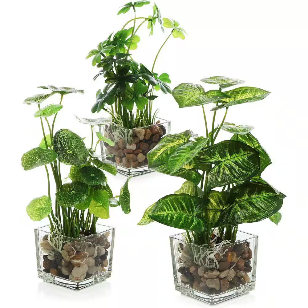 9.5 In. Green Indoor Small Artificial Potted Plants in Clear Glass Pot Set of 3