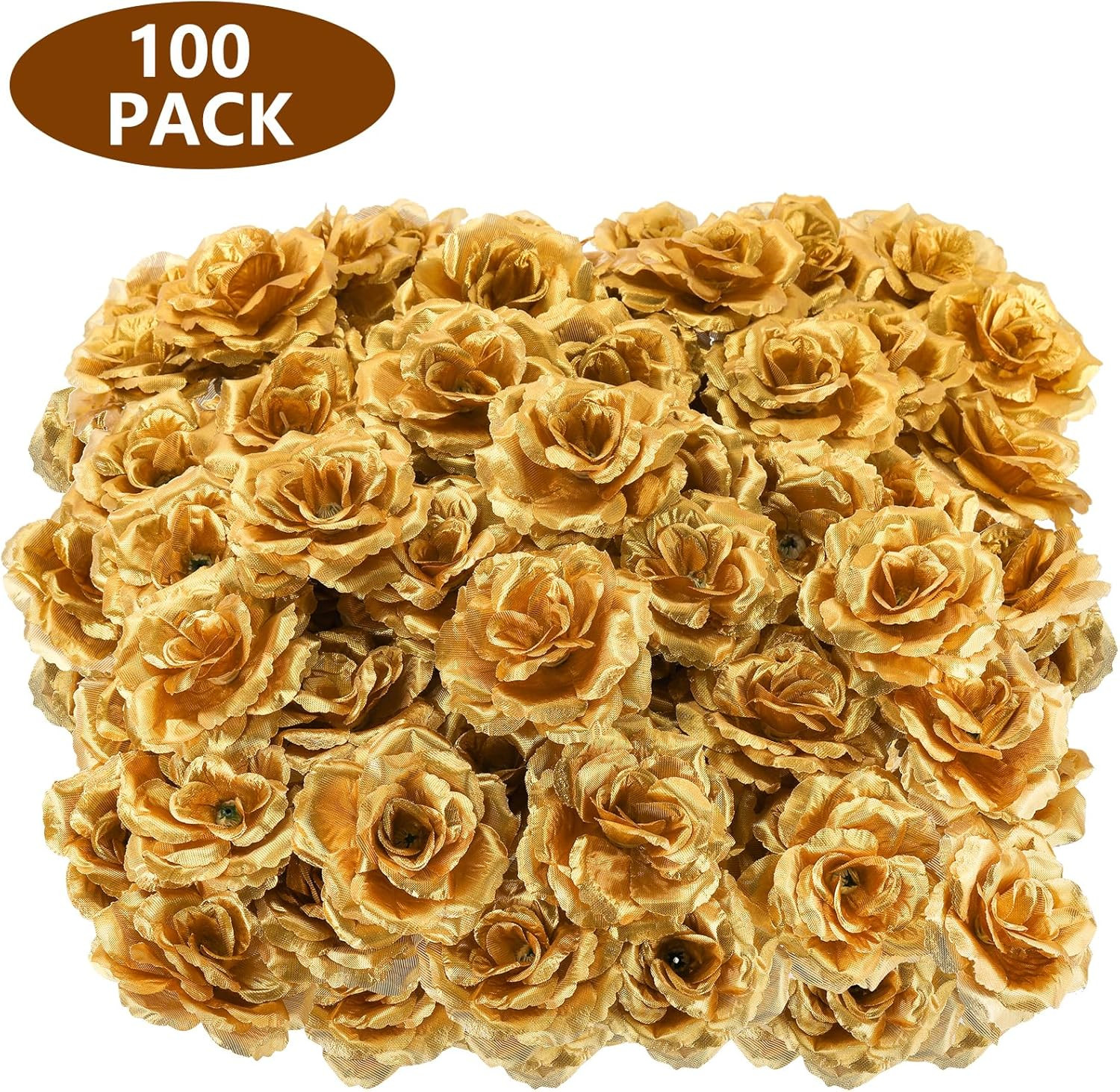 100 Pack Gold Roses Artificial Flowers Bulk, 3.5 Inch Silk Gold Faux Flowers