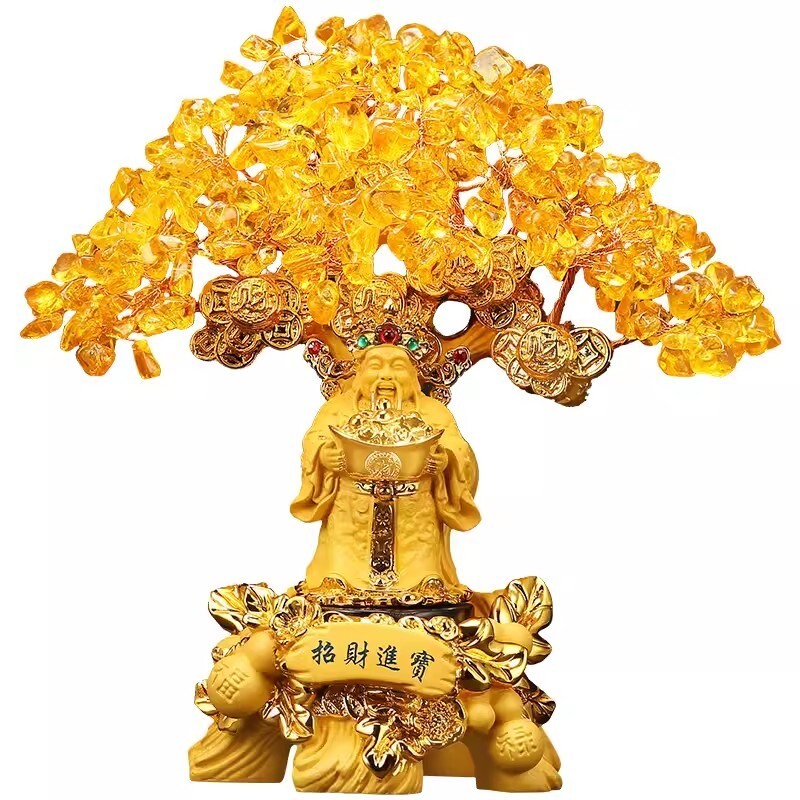 Yellow Crystal Money Tree Bonsai Statue Chinese Feng Shui Wealth God Decor Gift