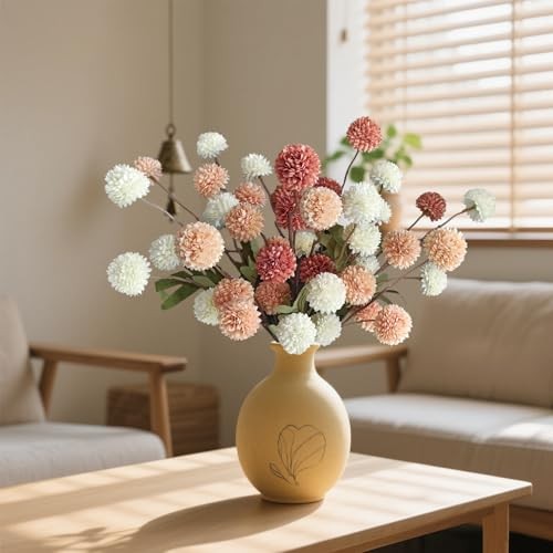 Fake Flowers, Artificial Mums With Long Stems, Faux Pompon Mums 10 Pcs 3 Mixed