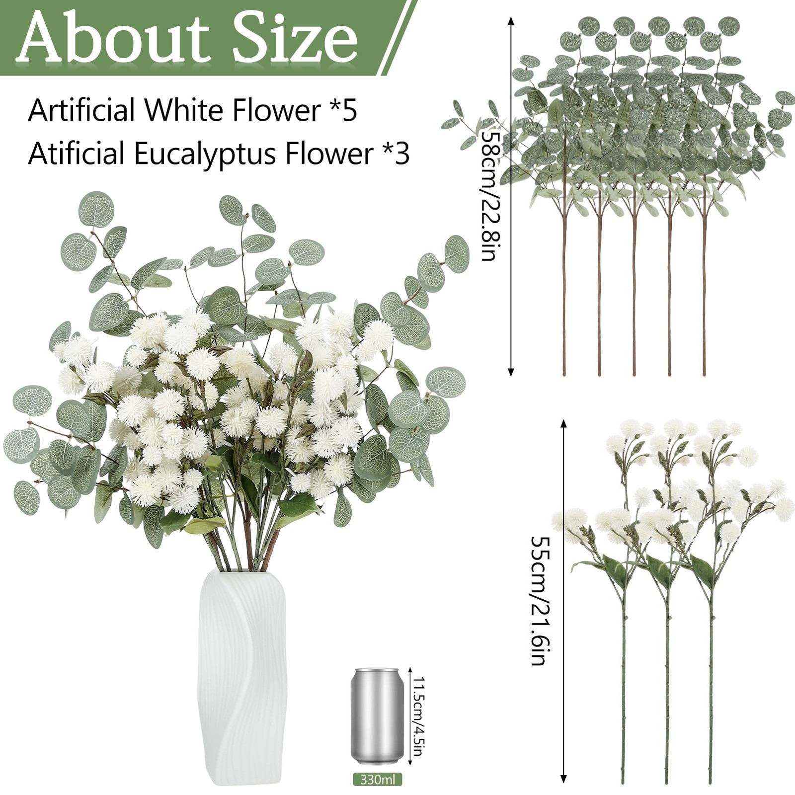 Artificial White Flower Chrysanthemum and Eucalyptus Stems Set,Faux Pom Pom F…