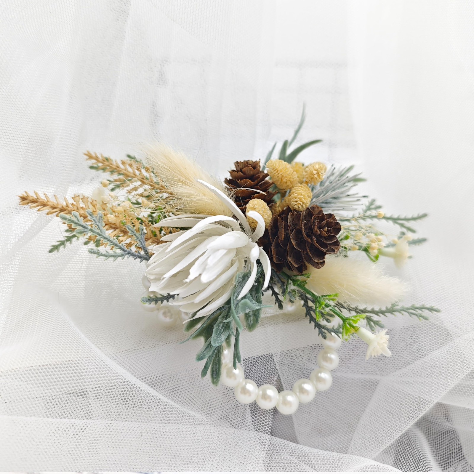 2 PCS Dried Rustic Artificial Wrist Corsage Boutonniere Set Bride Groom Prom