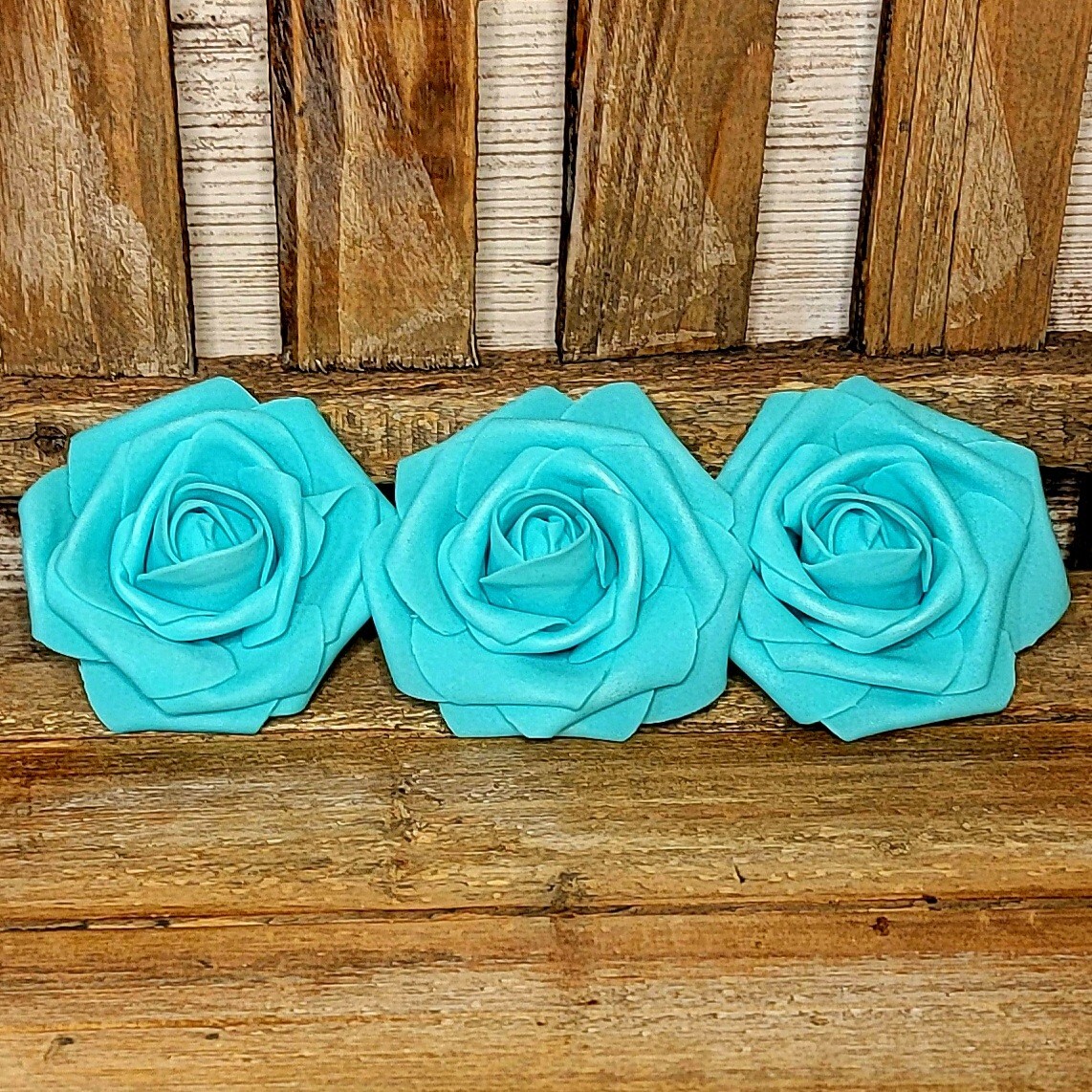 Three Teal Faux Roses with Stem for DIY Crafts, DIY & Party Decor, Tiered Trays