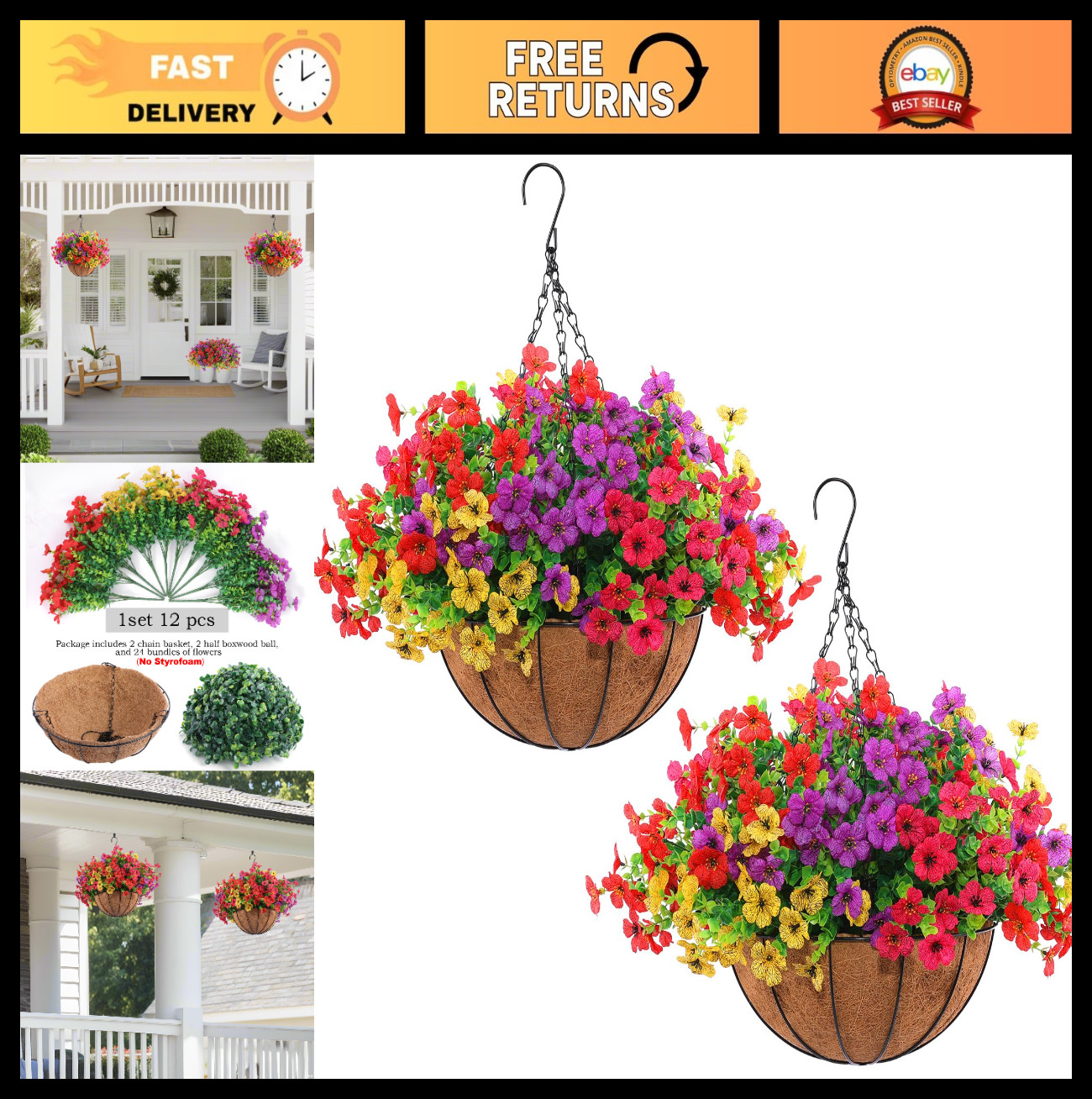 2 Set Artificial Outdoor Flowers with Hanging Baskets – 24 Pcs Colorful Planters
