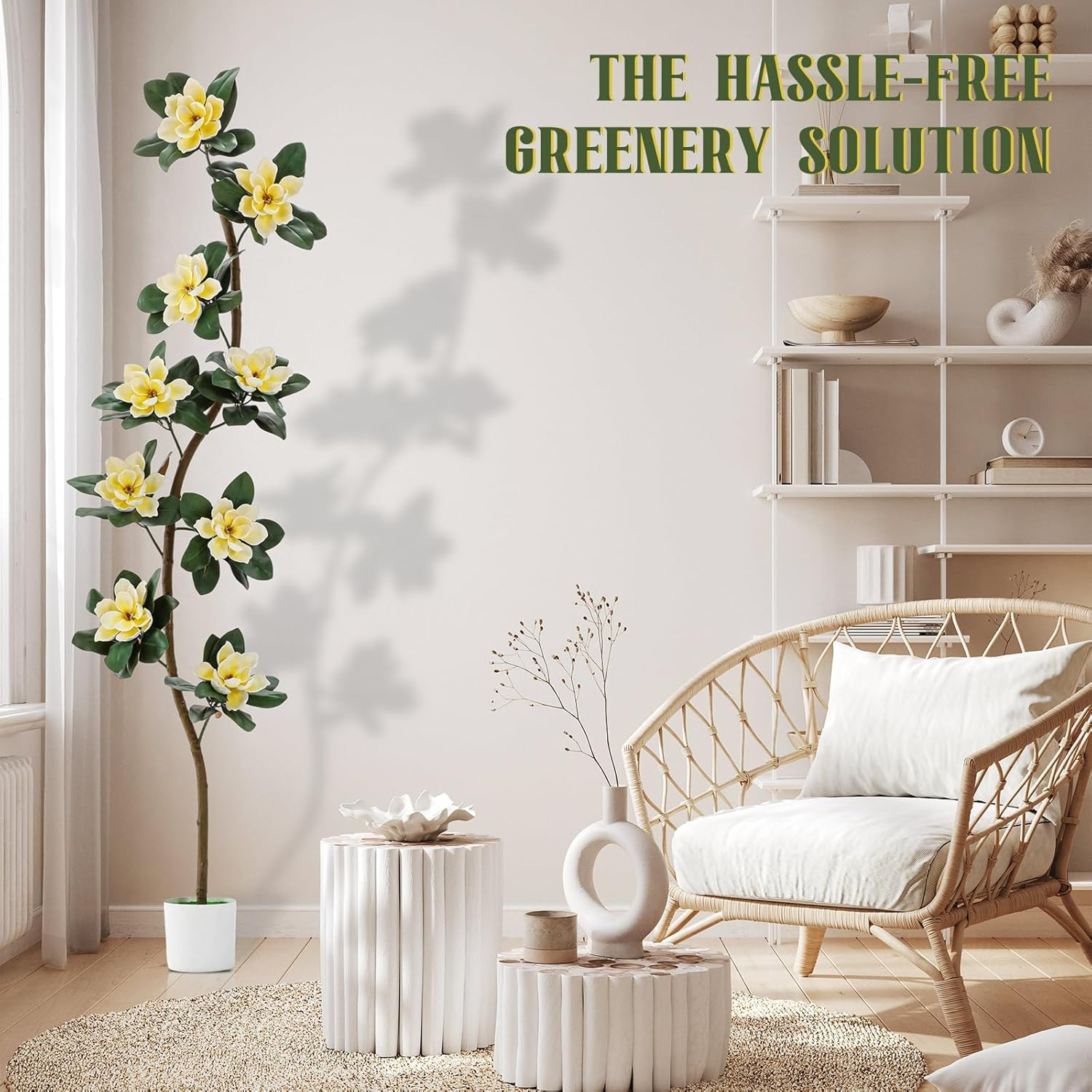 7 Ft Faux Rubber Tree with Magnolia Flowers for Indoor Decor