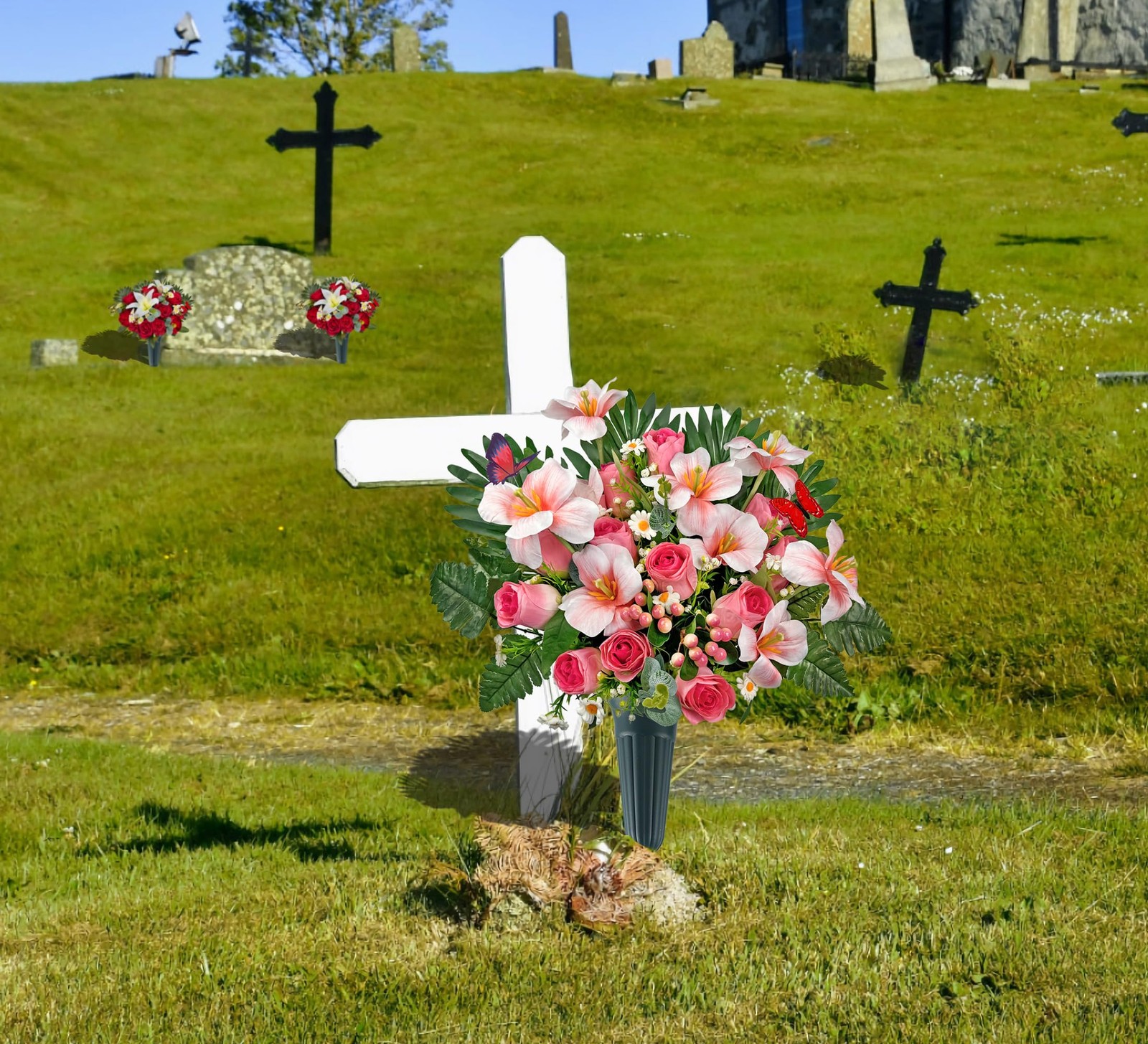 Grave Flowers Memorial Day Spring Pink Bouquet With Vase Headstone 1 PCS