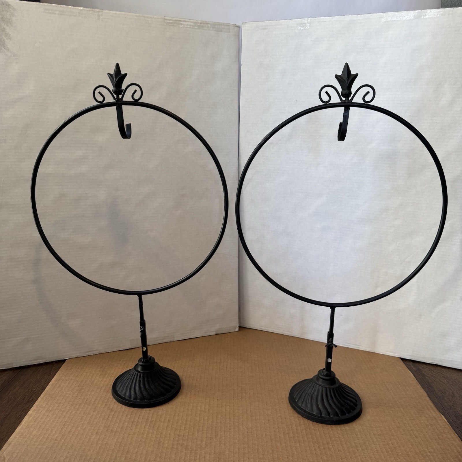 WREATH HOOK STAND Adjustable Height Free Standing Wrought Iron set of 2