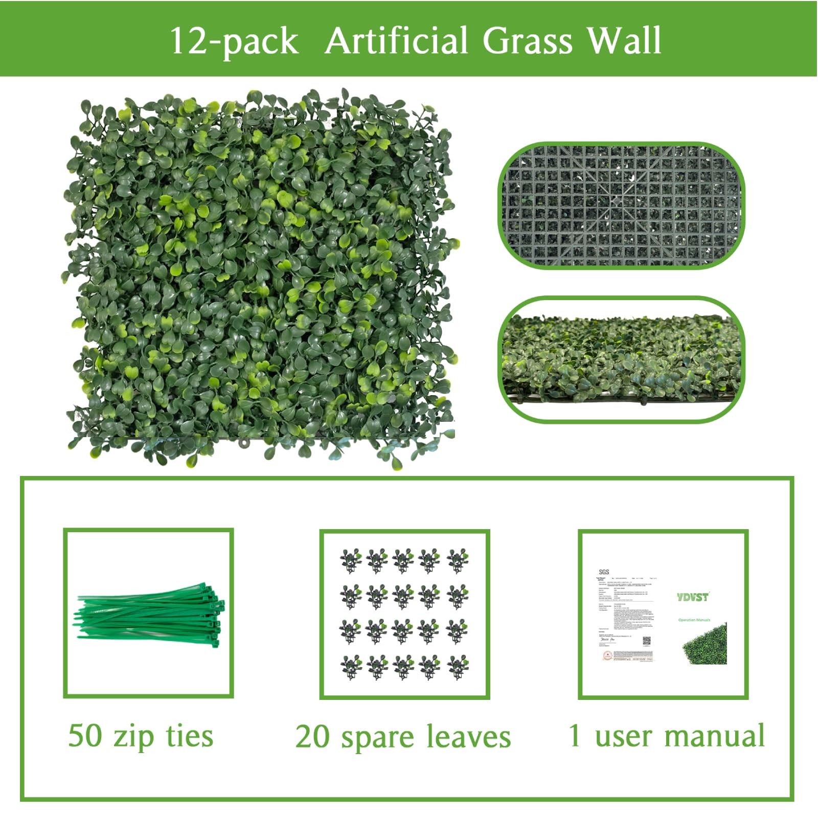 Grass Wall Panels 12 PCS 10″x 10″ Artificial Boxwood Panels with 50 Zip Ties,…