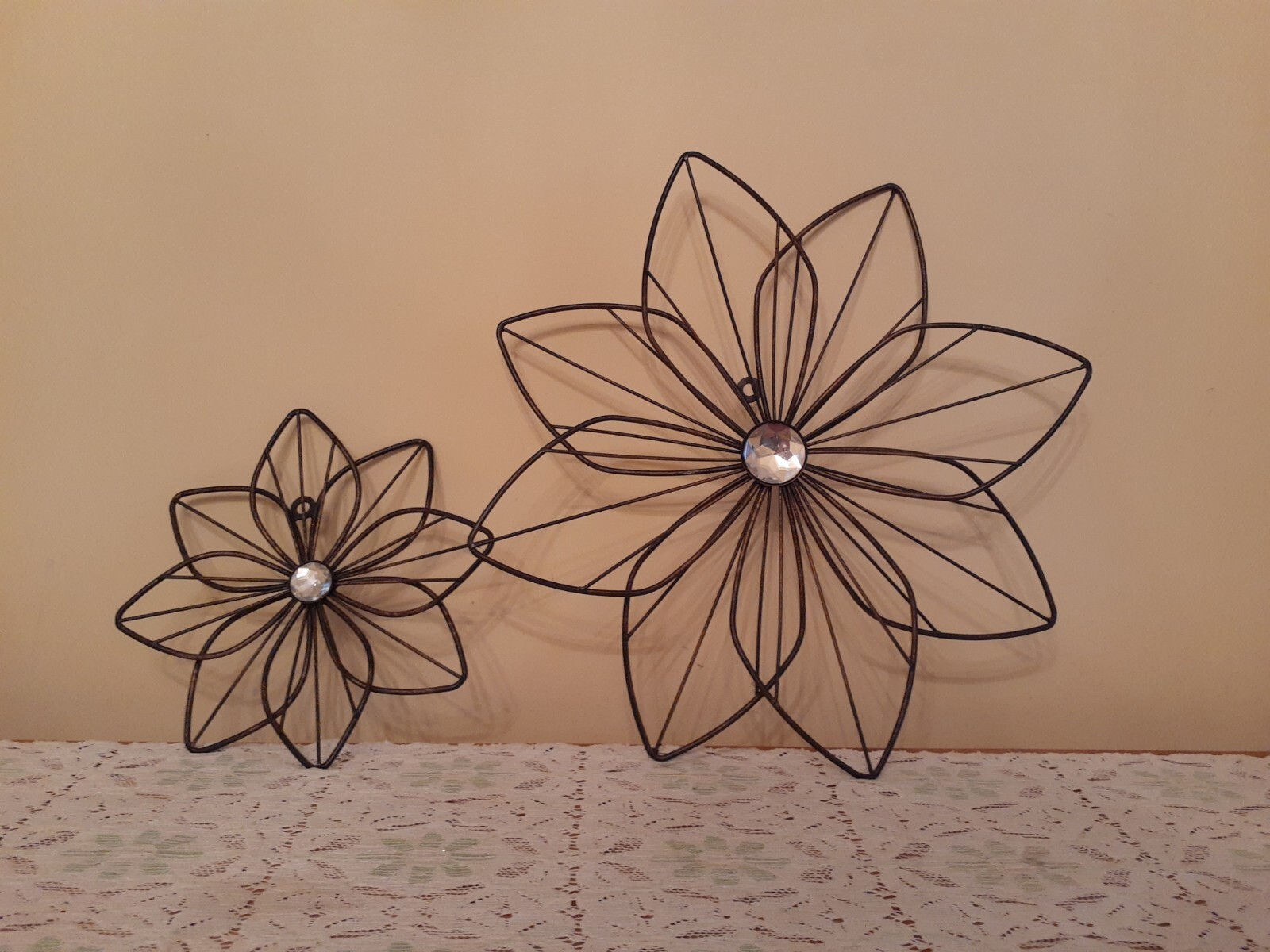 Indoor Outdoor Metal Flowers Set of 2 Black Home Porch Patio Wall Decor W/Bling