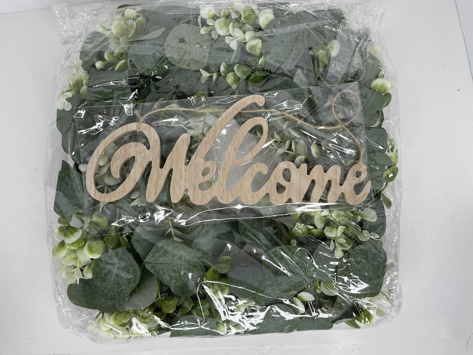 Whonline Artificial Eucalyptus Welcome Wreath for Front Door With Sign 16”