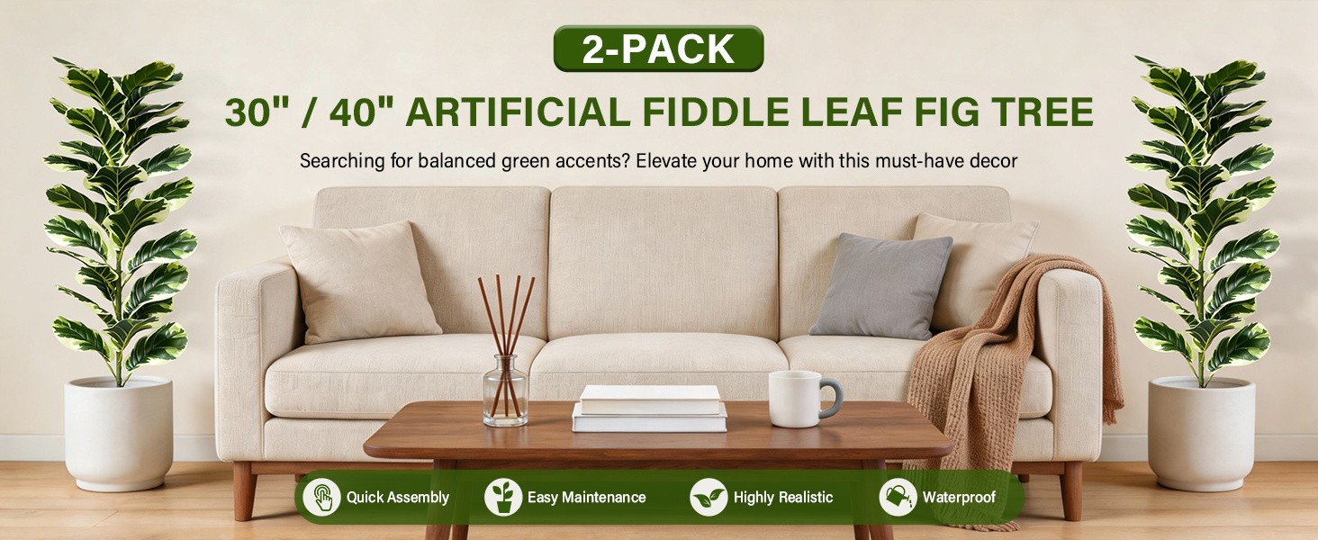 Set of 2 Fiddle Leaf Fig Tree 40” Fake Tree Plants Artificial Decor with Green