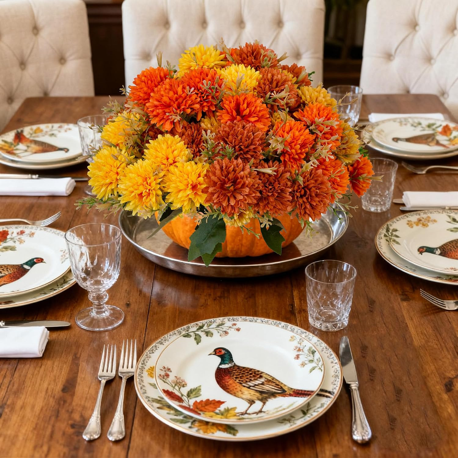 12Pcs UV Resistant Fall Marigold & Dahlia Mums – Burnt Orange Home Decor