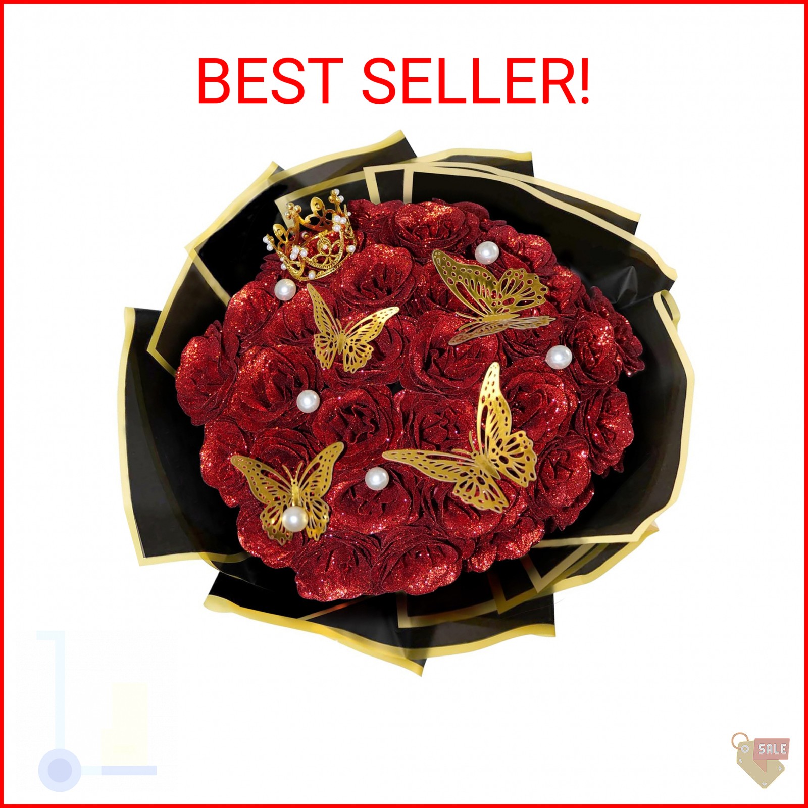 Red Glitter Roses Bouquet, 24 Pcs Shiny Glitter Flowers Bouquet, Everlasting Art