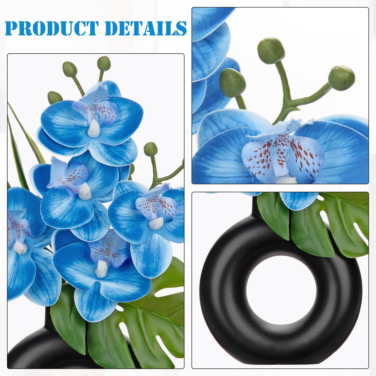 2PCS Blue Artificial Orchid, Black Ceramic Pot, Silk Flower, Table Decor