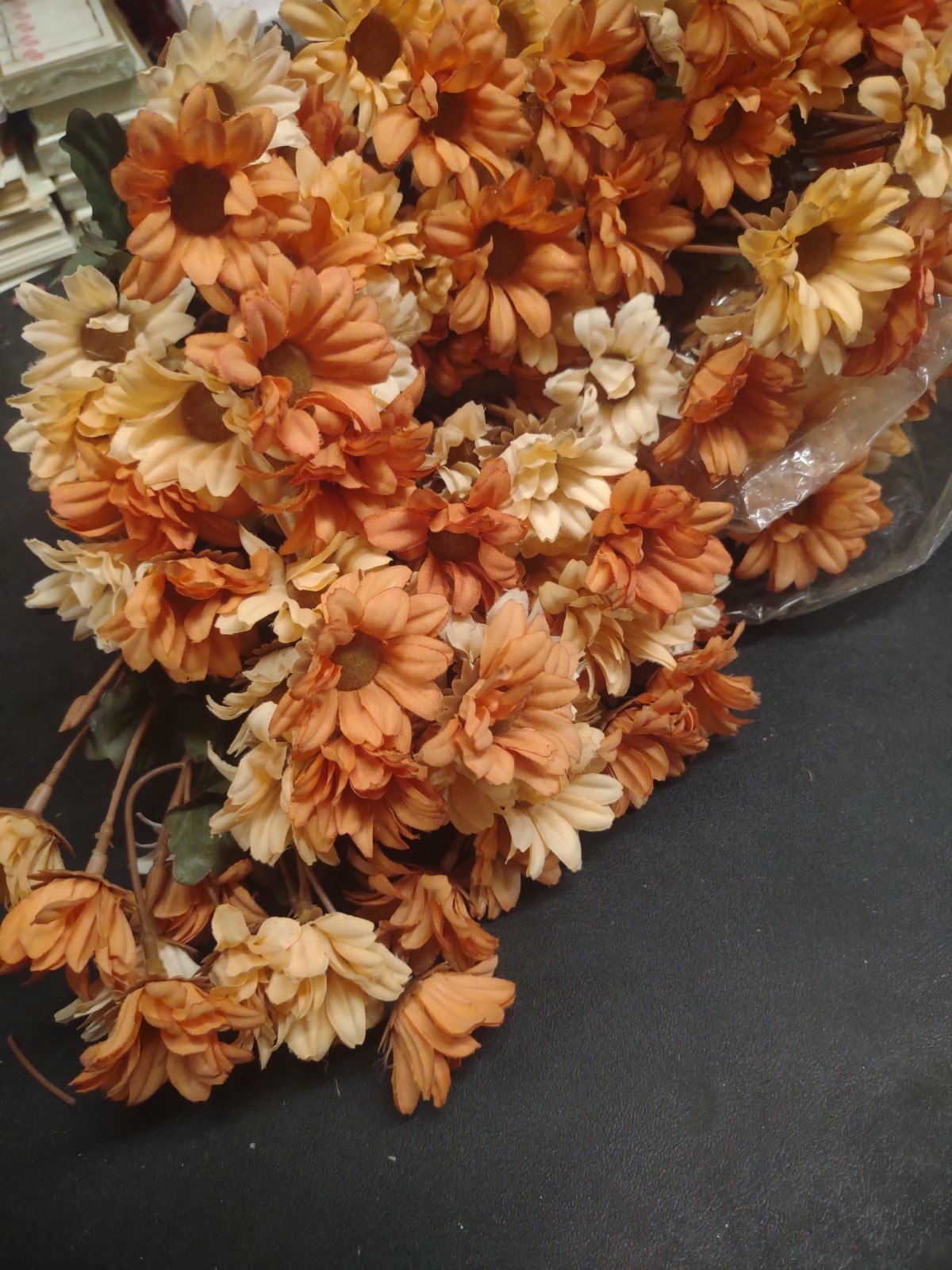 10″ Vintage Silk Mini Daisy Bush, 9 Stems, Caramel, Cream, & Peach Fall Daisies