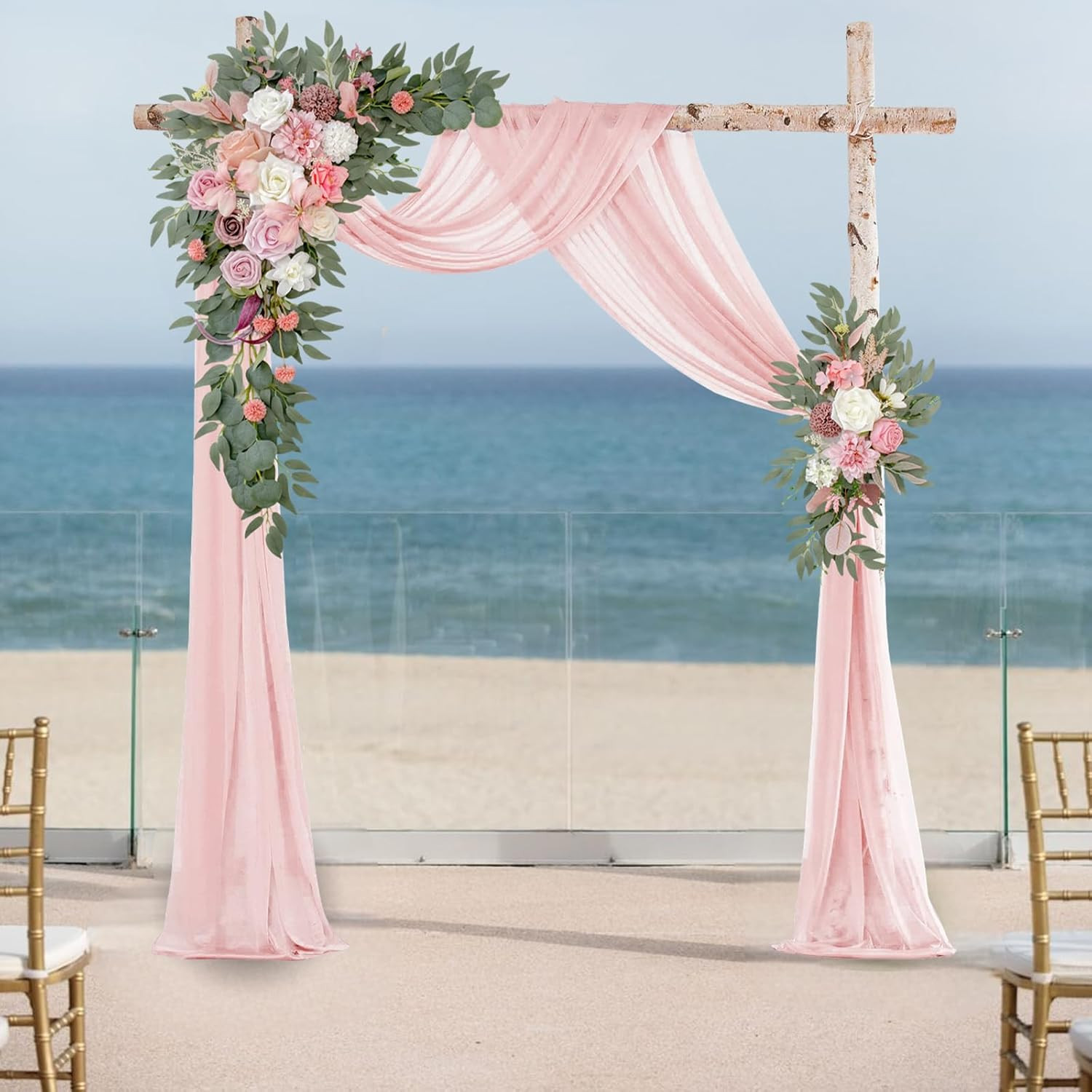 Elegant Wedding Arch with Pink Chiffon, Roses & Eucalyptus Decor