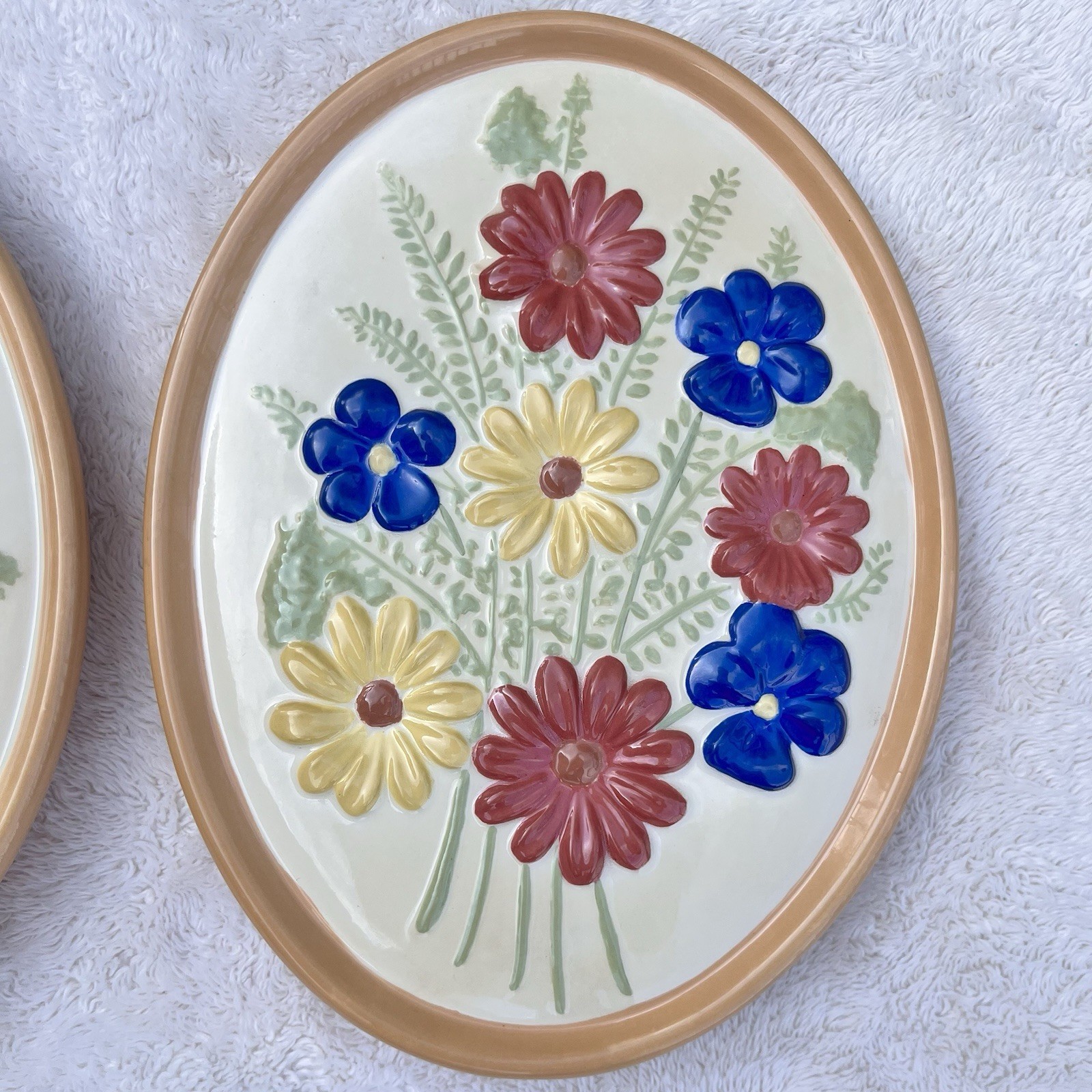 Vtg 1970s Atlantic Mold 3D Floral Wall Art Ceramic Cottagecore Blue Pink Yellow