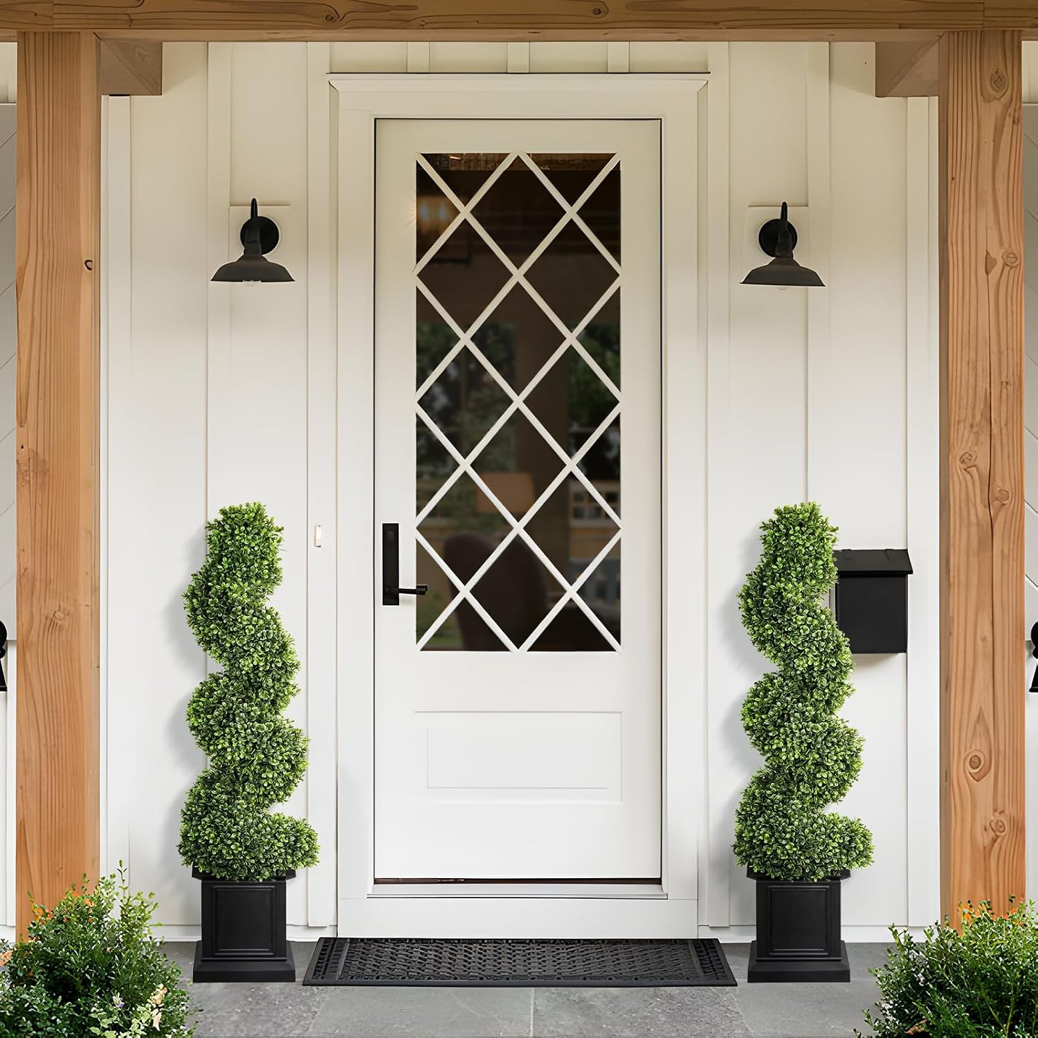 Boxwood Outdoor Topiary Set of 2, 3.5Ft Tall Porch Trees, All-Year Green Fake Pl