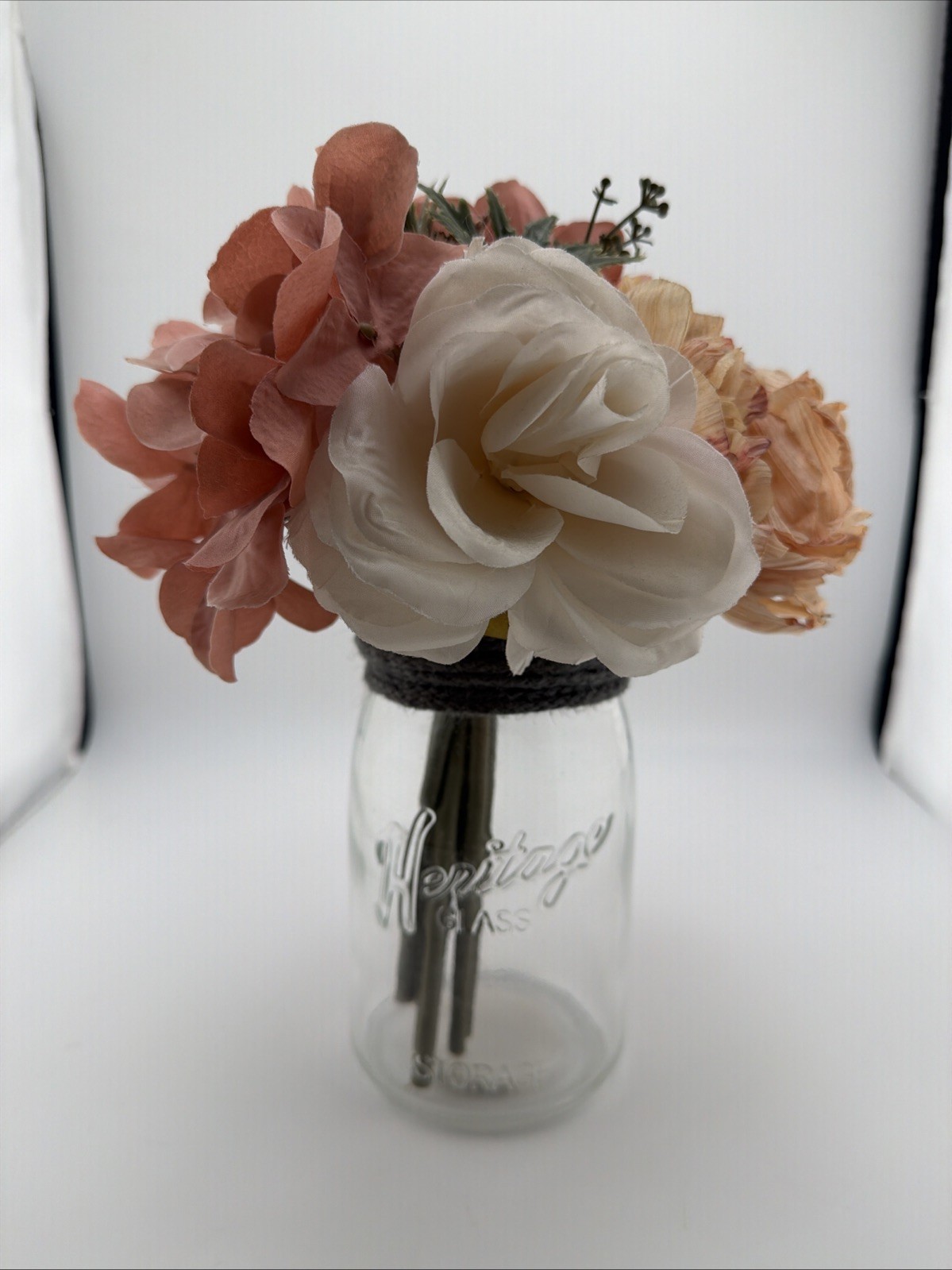 Flower Arrangement Rose, Blush, Peach, Green Mason Jar Artificial 11” Glass