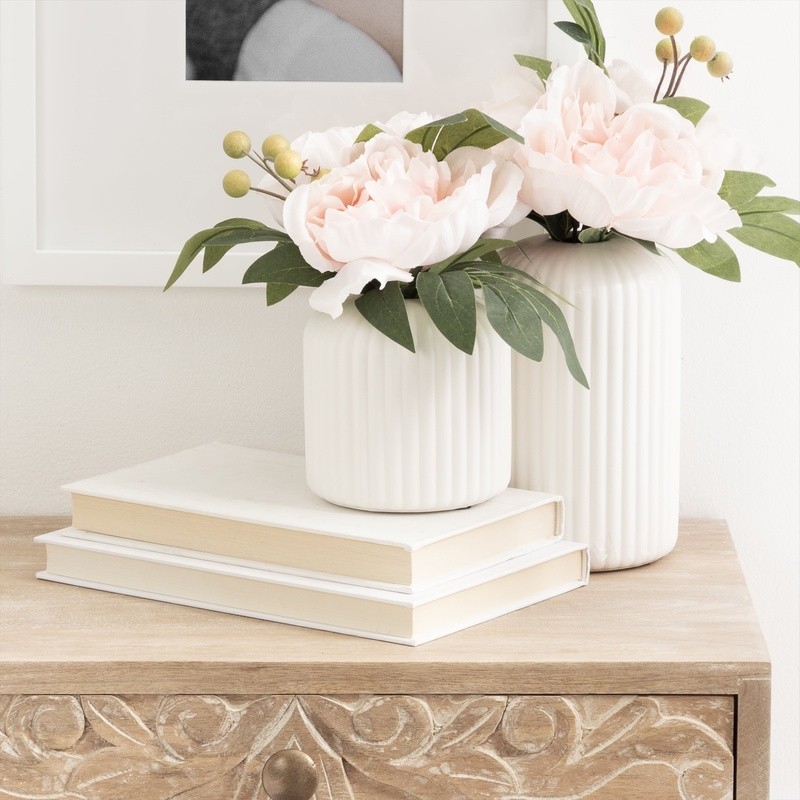 Lifelike Artificial Peony Floral Arrangement Ribbed Black Vase Home Decor Gift