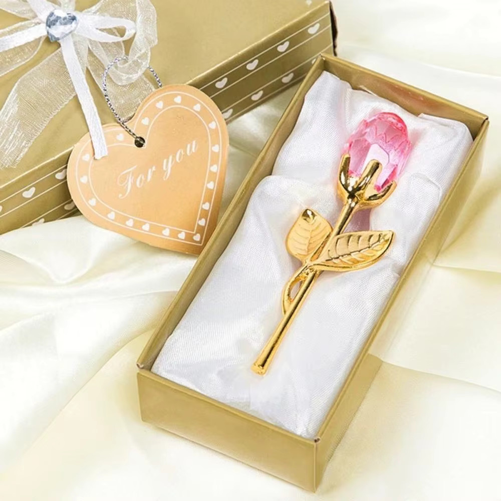 Crystal Red Rose Gold Stem Gift – Forever Artificial Flowers Wedding Favors Box