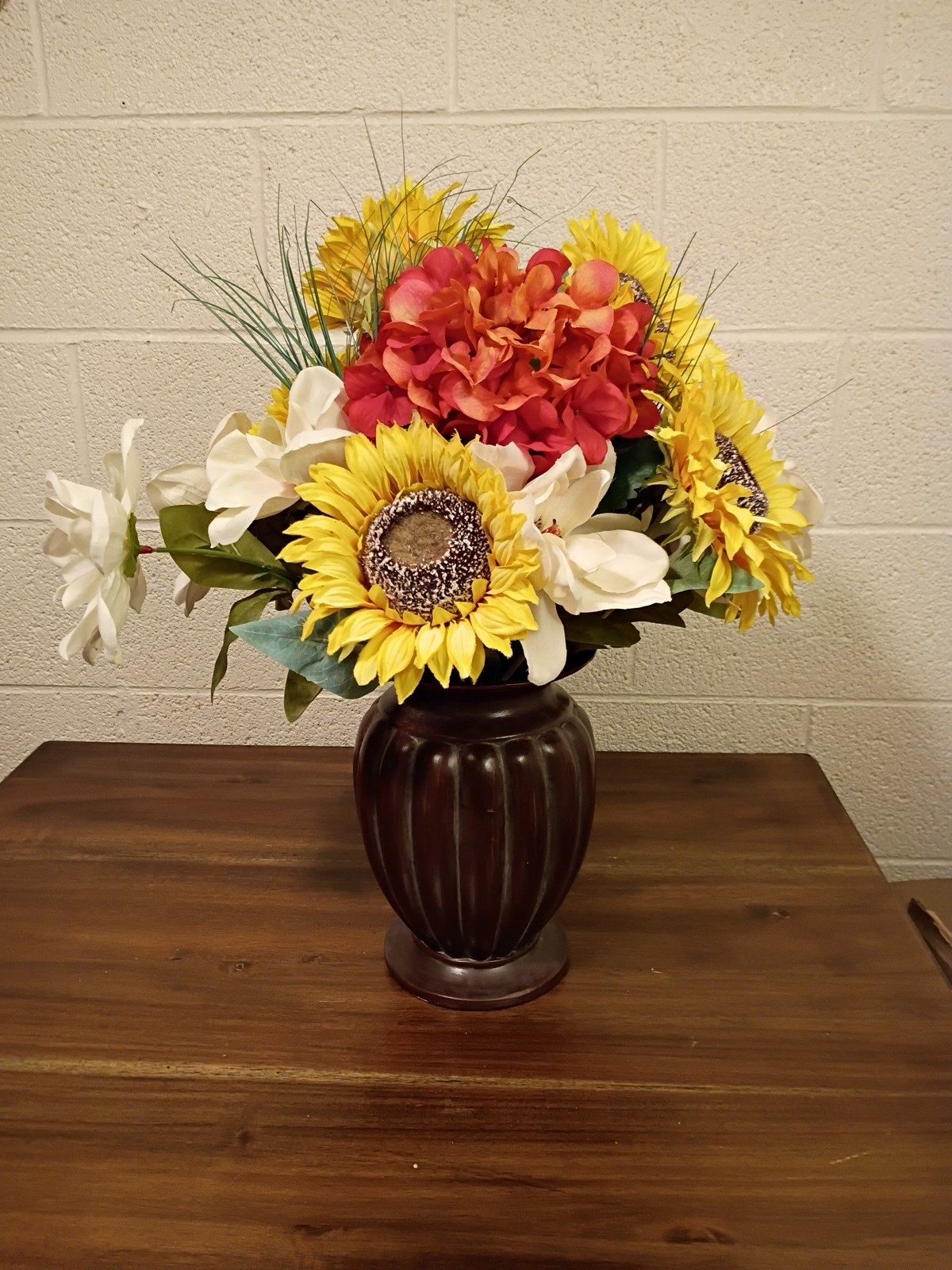 Bouquet of Large Silk Flowers In Bronze Vase