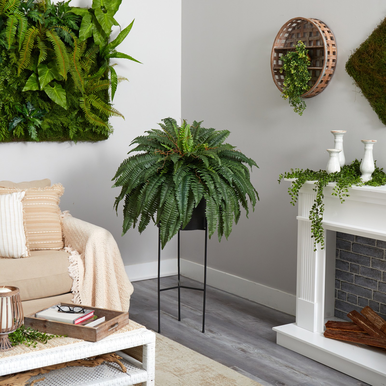 Nearly Natural 51″ Boston Fern Artificial Plant in Black Planter with Stand