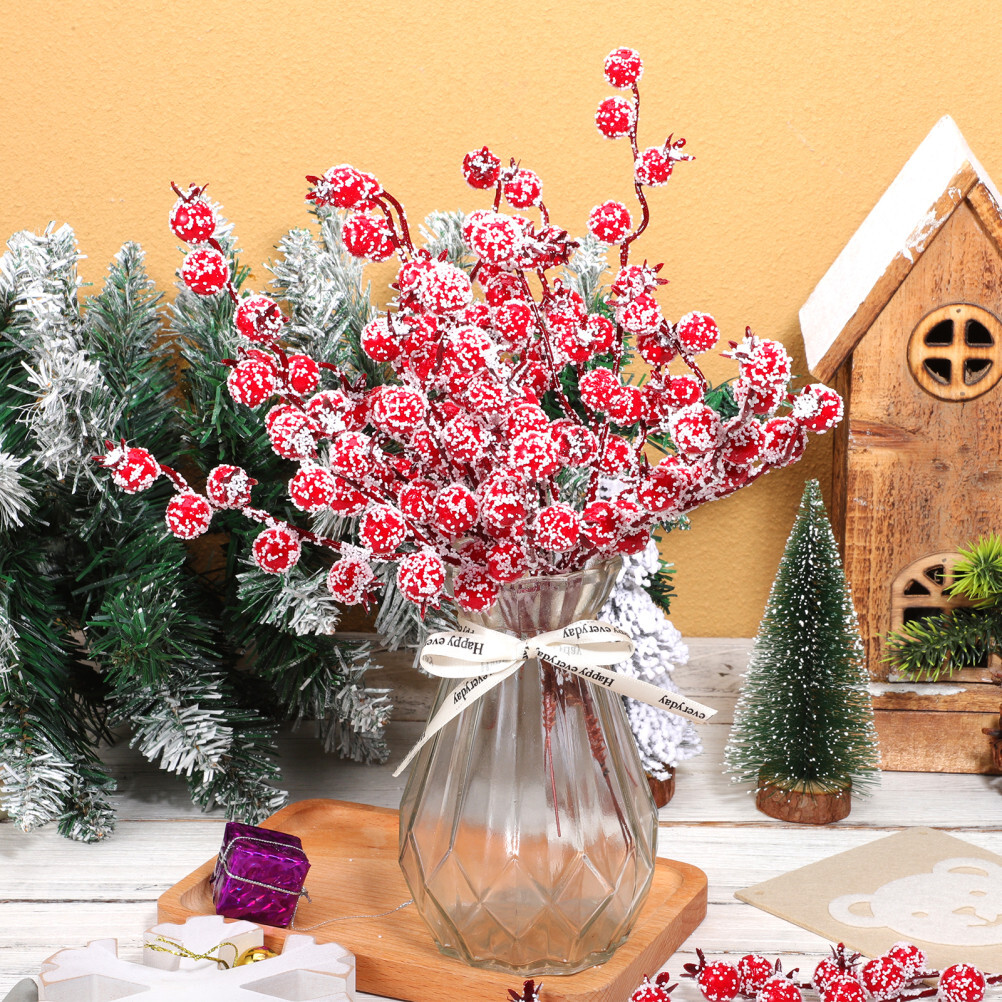 10PCS Frosted Stems Red Christmas Tree Decoration Fruit Lifelike