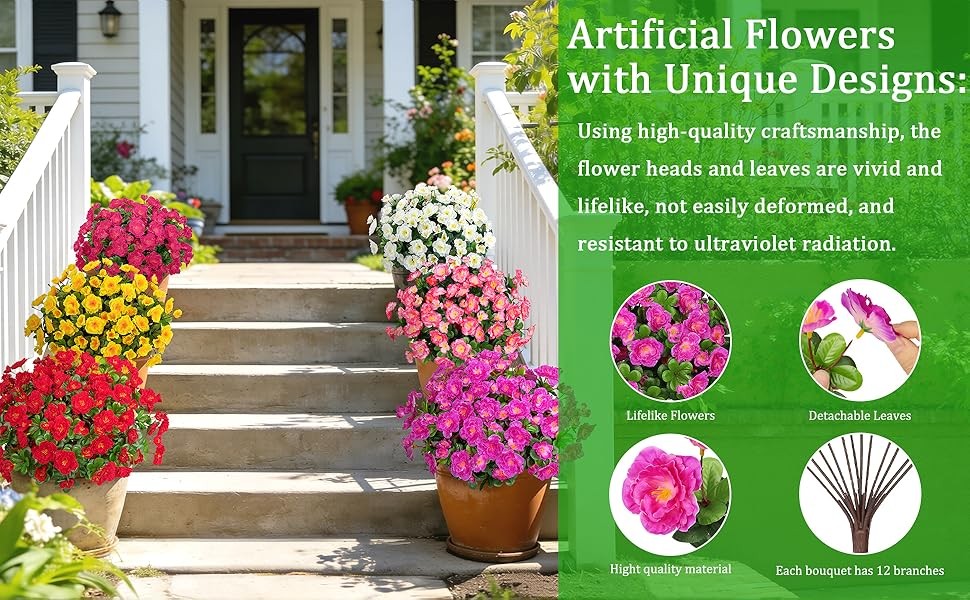 4 Bundles Artificial Camellia Flowers for Outdoors, Fuchsia | Fake silk flowers
