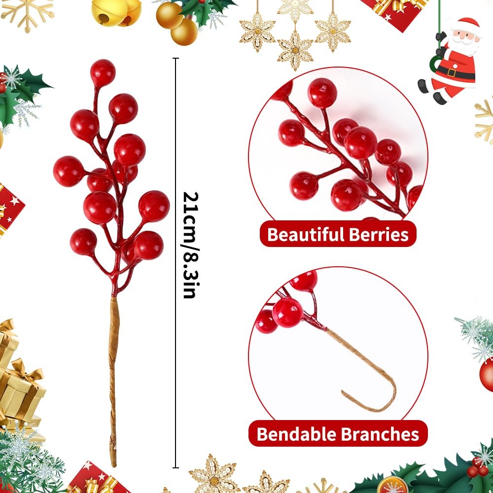 32 Pack Artificial Red Berry Stems, Christmas Red Berries Picks Holly Berry B…
