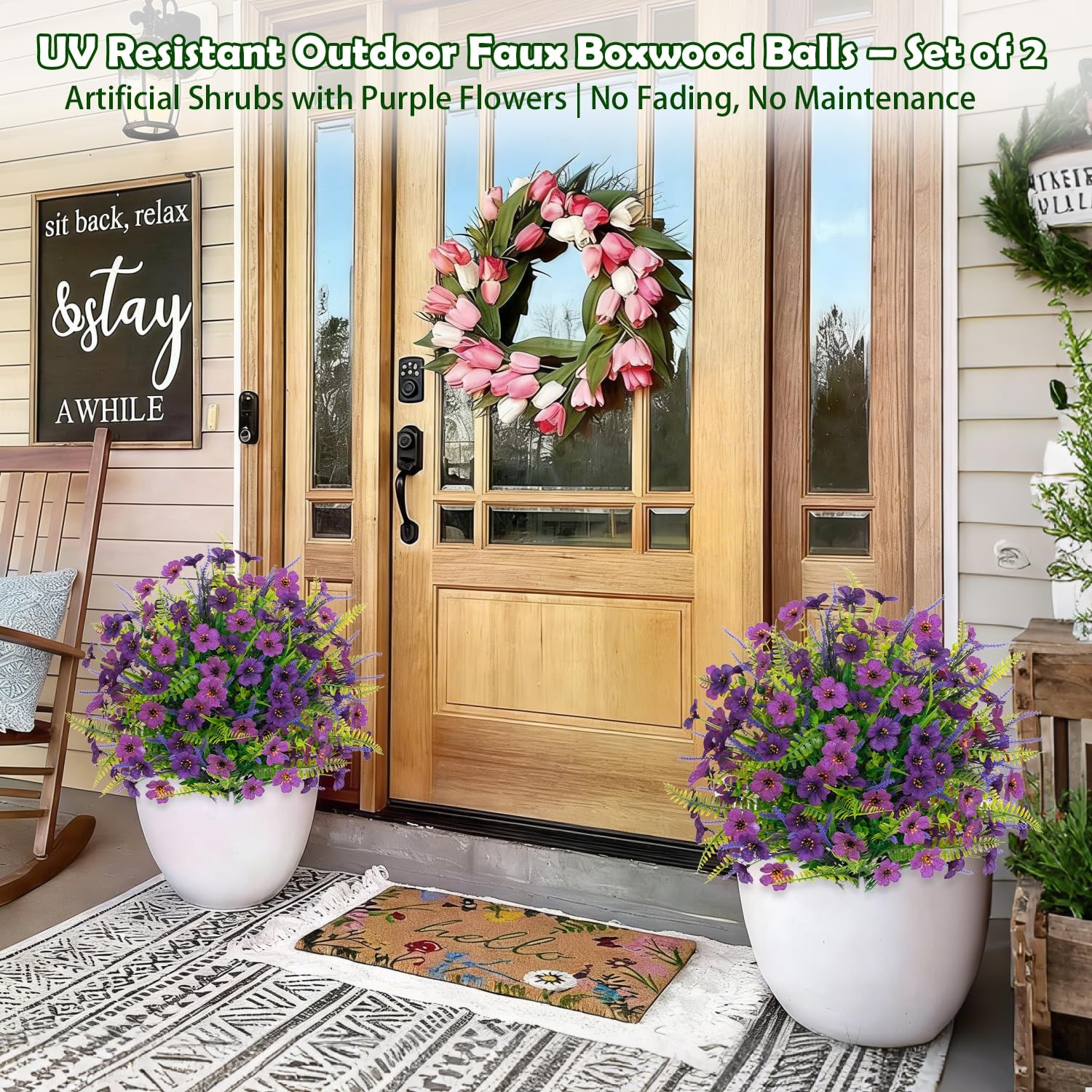 2 Pack 24″ Artificial Lavender Topiary Ball Trees, UV Resistant Faux Outdoor …