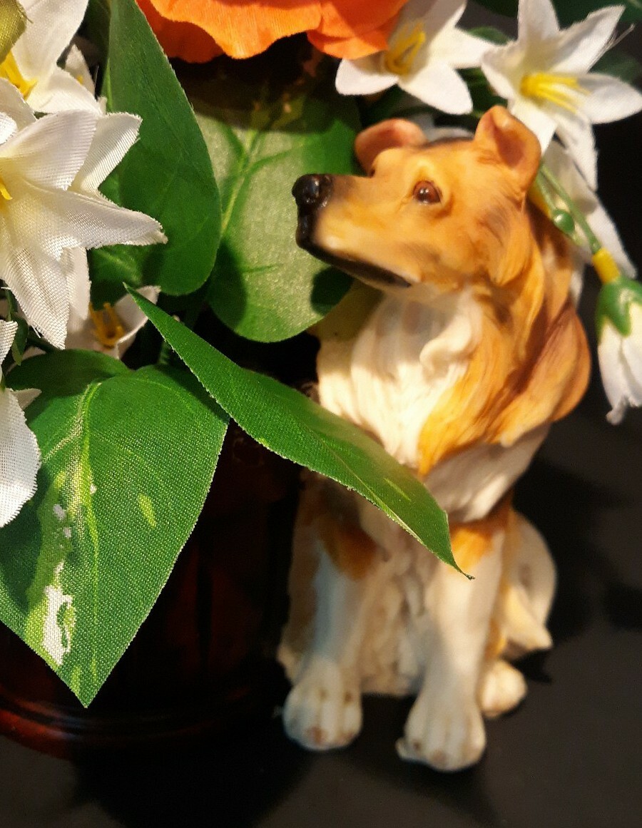 Collie Dog With Barrel Planter Floral Arrangements Puppy Resin