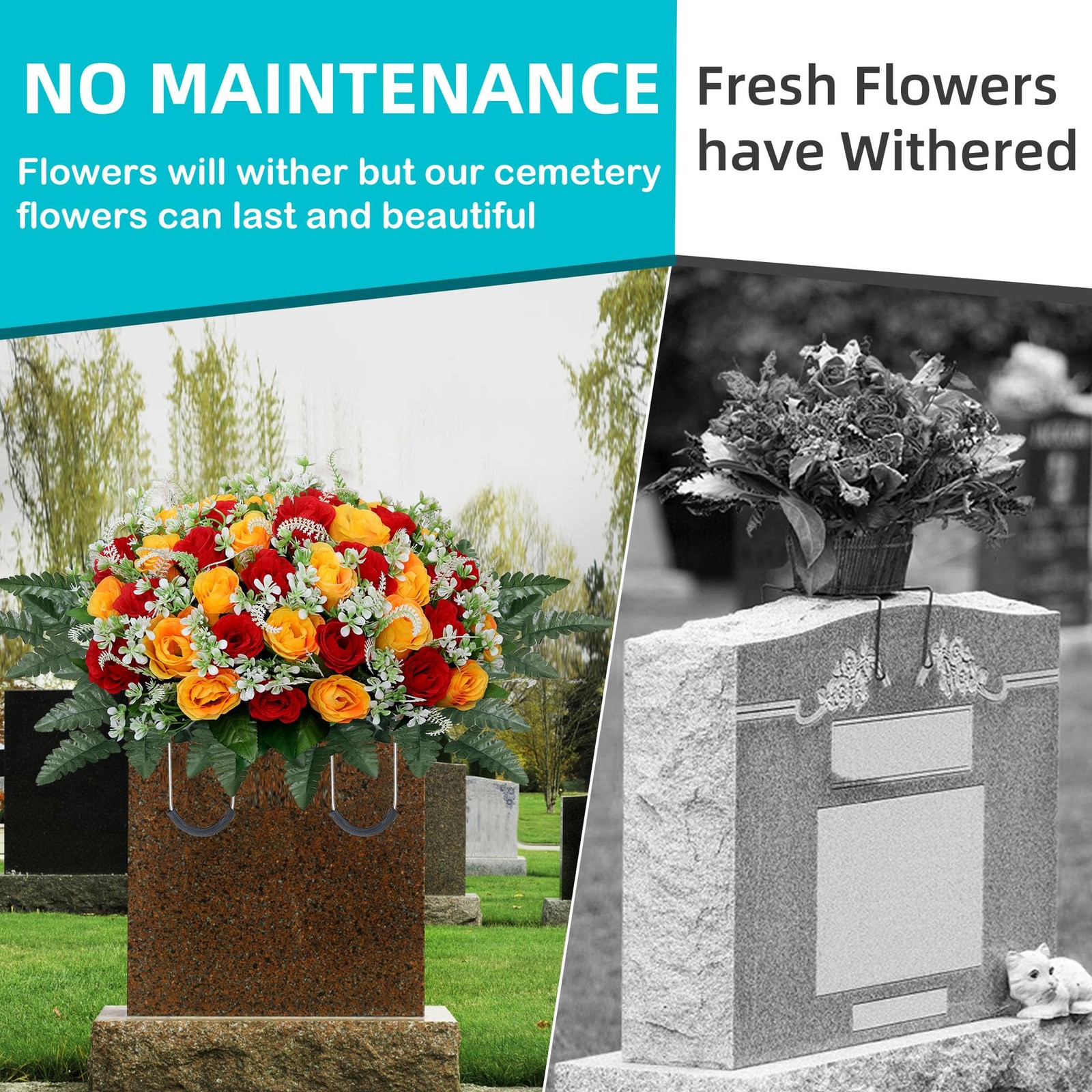 Headstone Flower Saddle,Large Artificial Cemetery Flowers for Grave,Cemetery …
