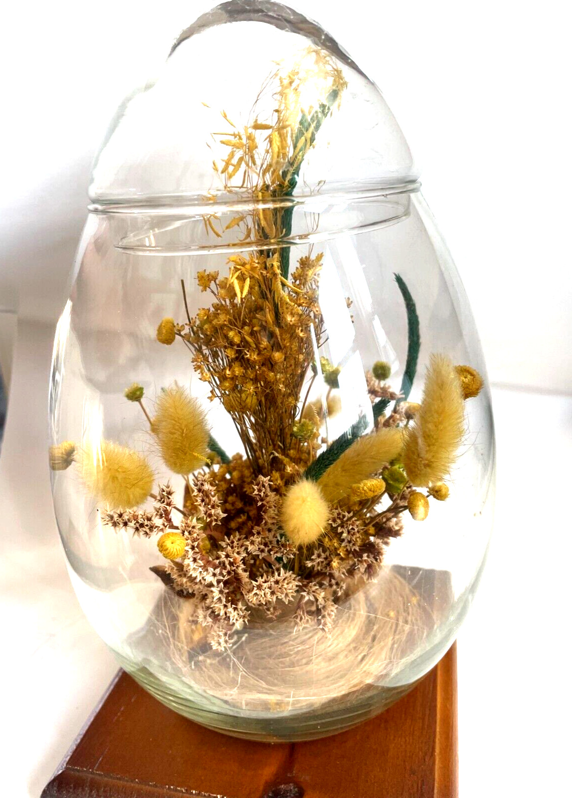 Vintage Glass Egg Terrarium with Dried Yellow Flowers, 1970s, H:10″ by W:5.5″
