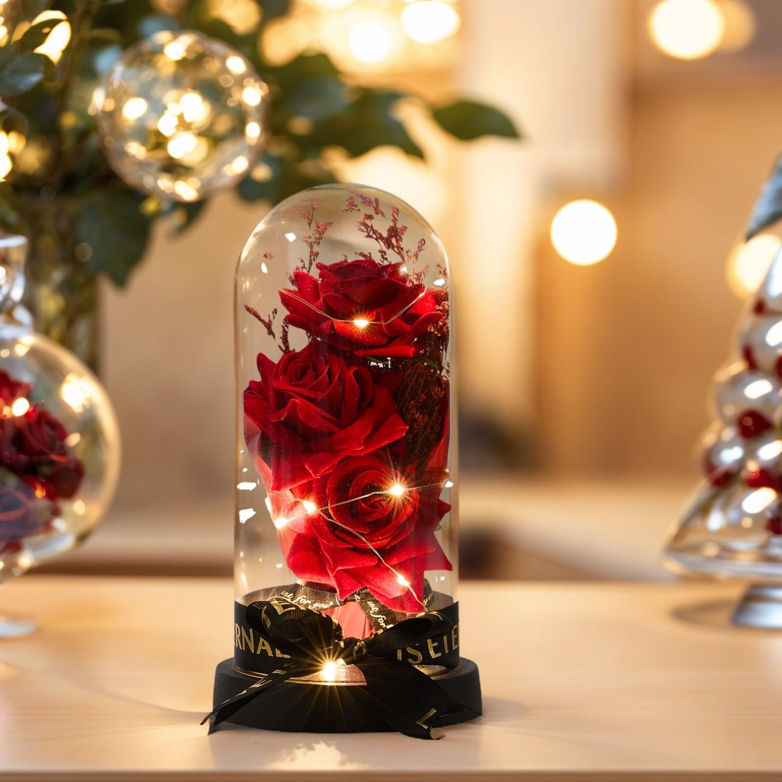 3 Blossoms Artificial Roses in Clear Dome with Lights Mother’s Day Decoration…