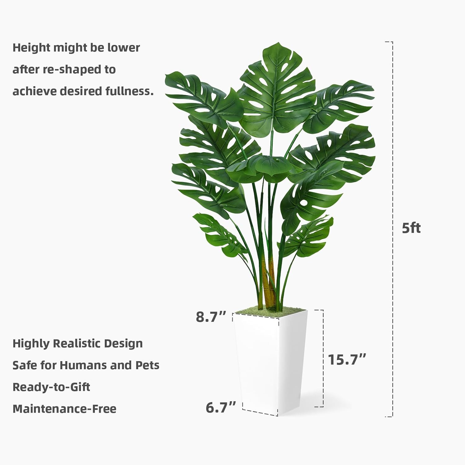 Artificial Monstera Deliciosa Plant 5FT – Faux Tropical Palm Tree with White Tal