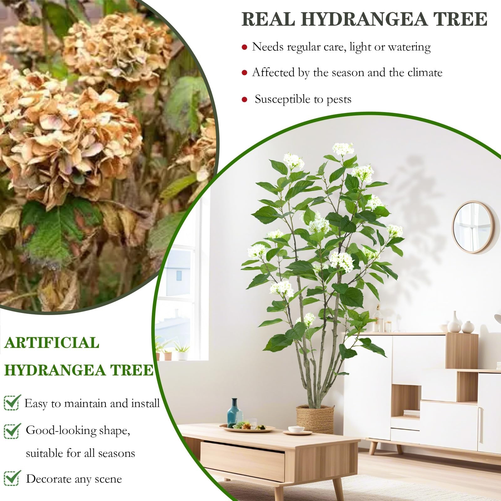 5ft Artificial Hydrangea Tree in Decorative Planter Faux White Flowers Fake P…