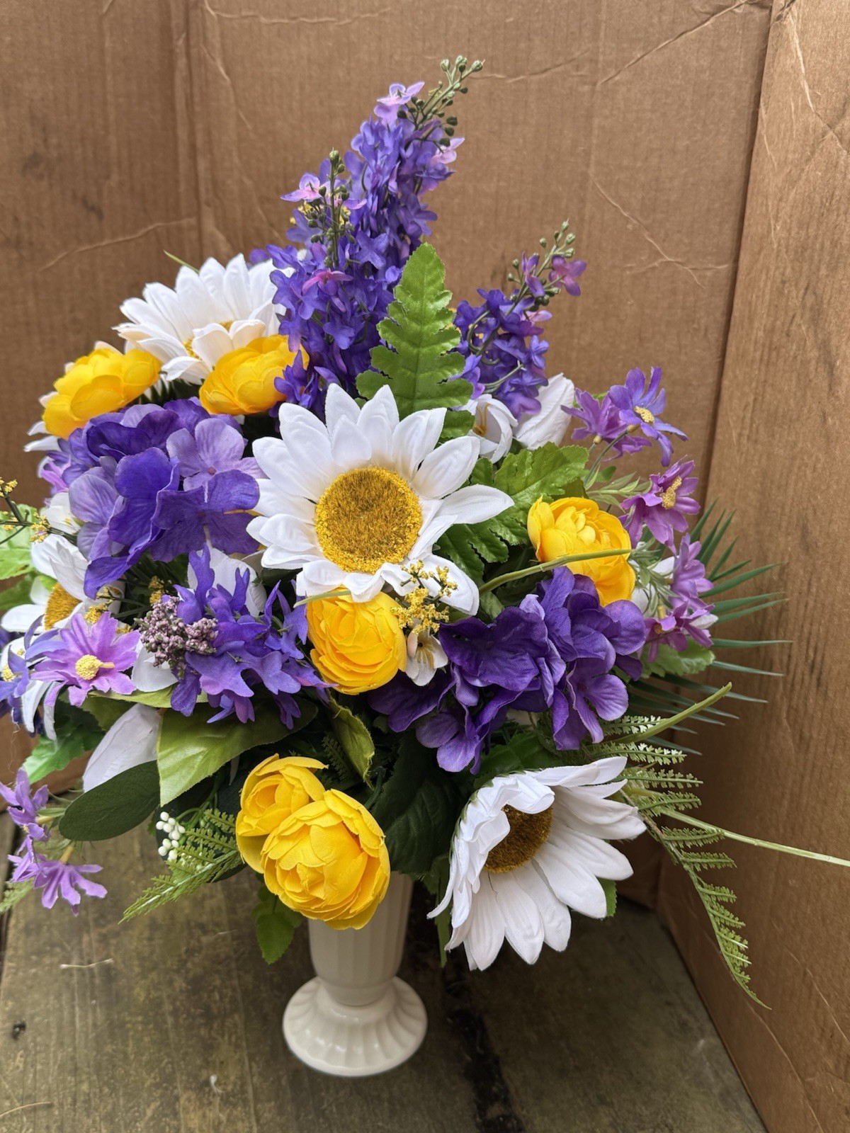 Artificial cemetery flower Arrangements Grave Flowers Purple And Yellow