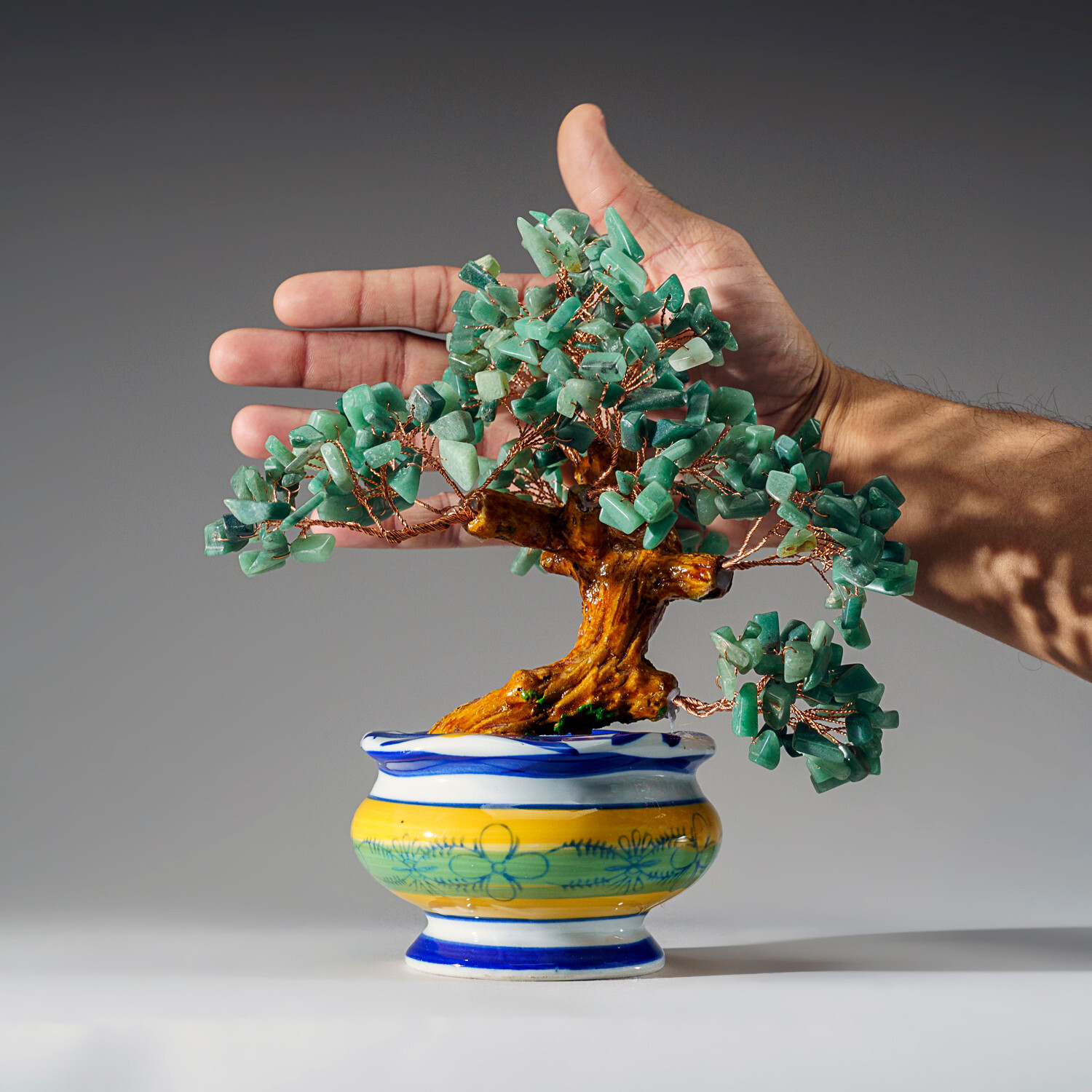 Genuine Green Aventurine Gemstone Bonsai Tree in Round Ceramic Pot (8.5”)
