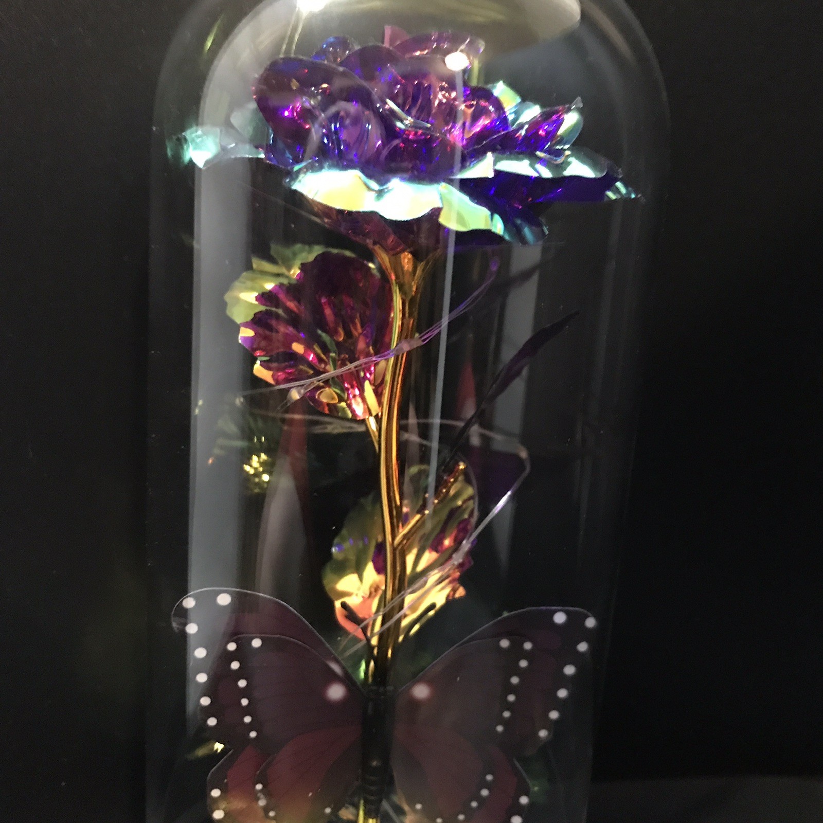 Foil Rose Flower Glass Dome LED Lights with a Butterfly Gift to a Special Person