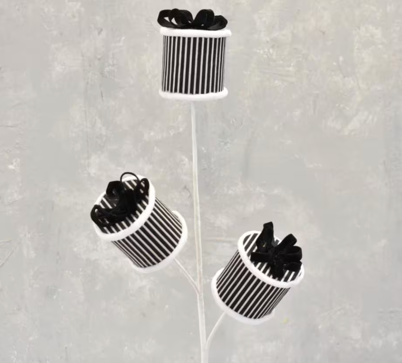Black and White Striped Round Present Packages Spray Stem Christmas Pick