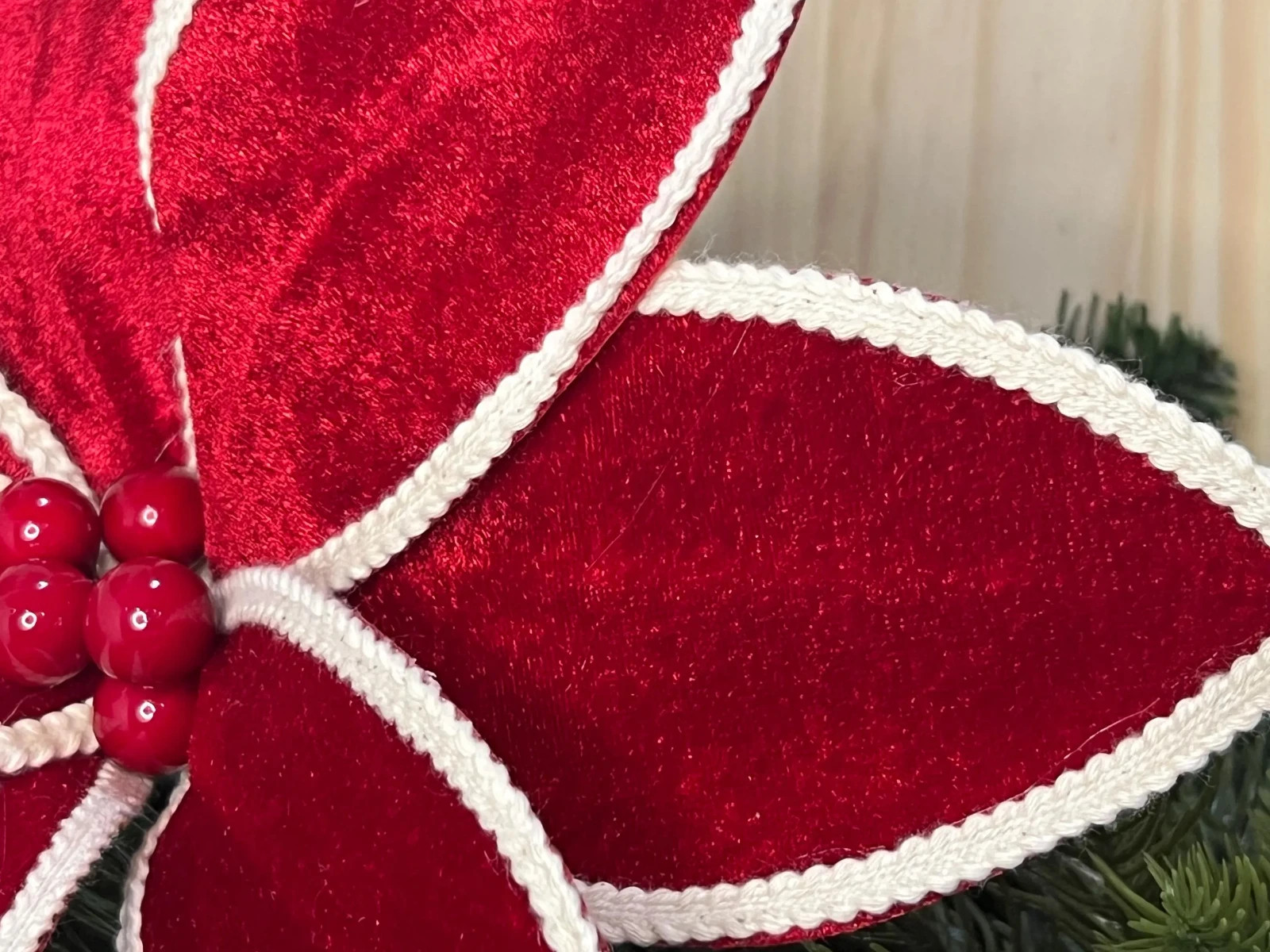 Red Velvet Natural Trim Edge Christmas Poinsettia Stem Flower Accent 24 inches